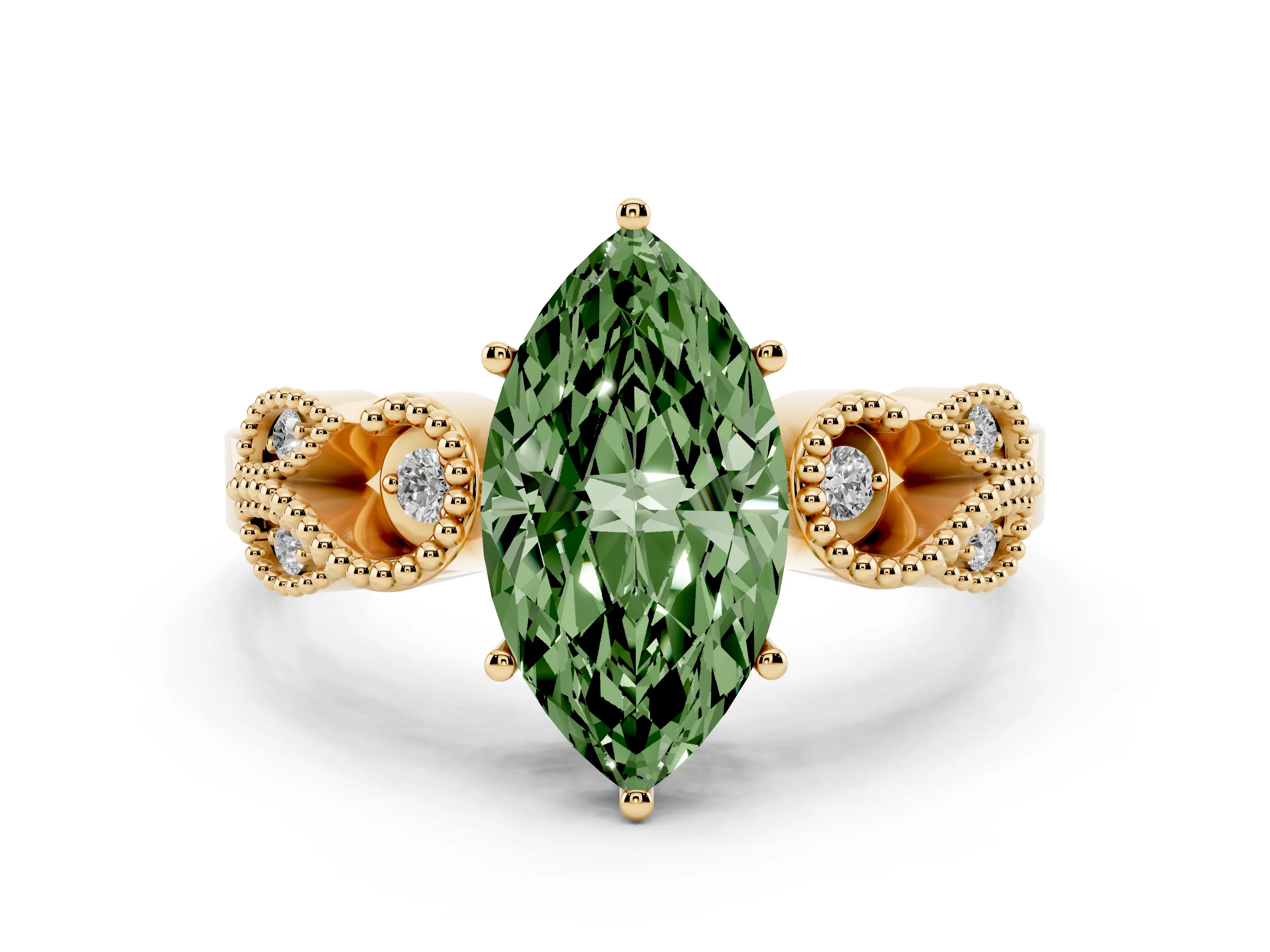 Fancy Green Marquise Cut Diamond Milgrain Leaf Band Solitaire Ring Set in Yellow gold with Accent Stones and Prong Setting