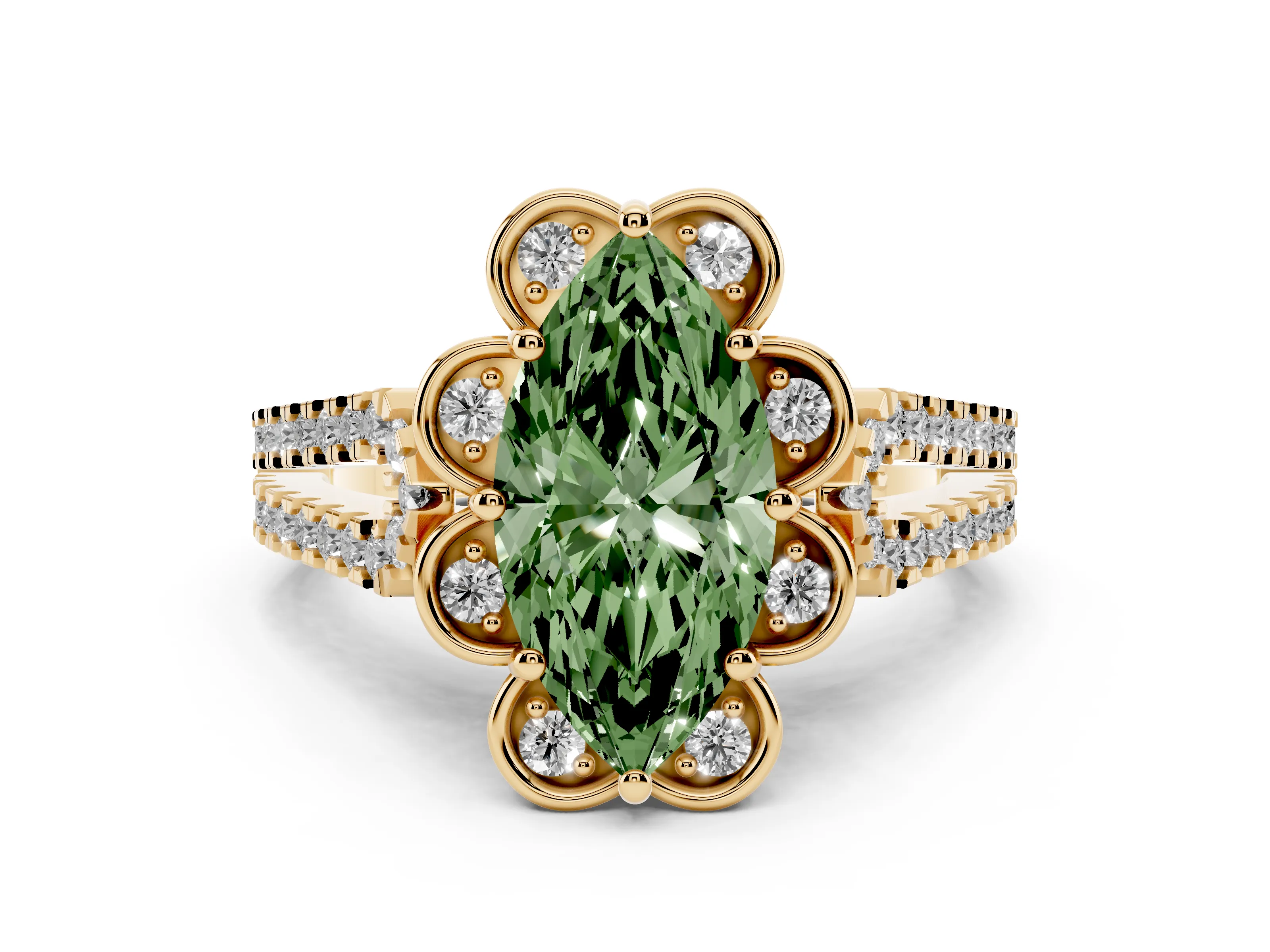Fancy Green Marquise Cut Diamond Floral Halo Split Shank Engagement Ring Set in Yellow gold with Pavé Shank