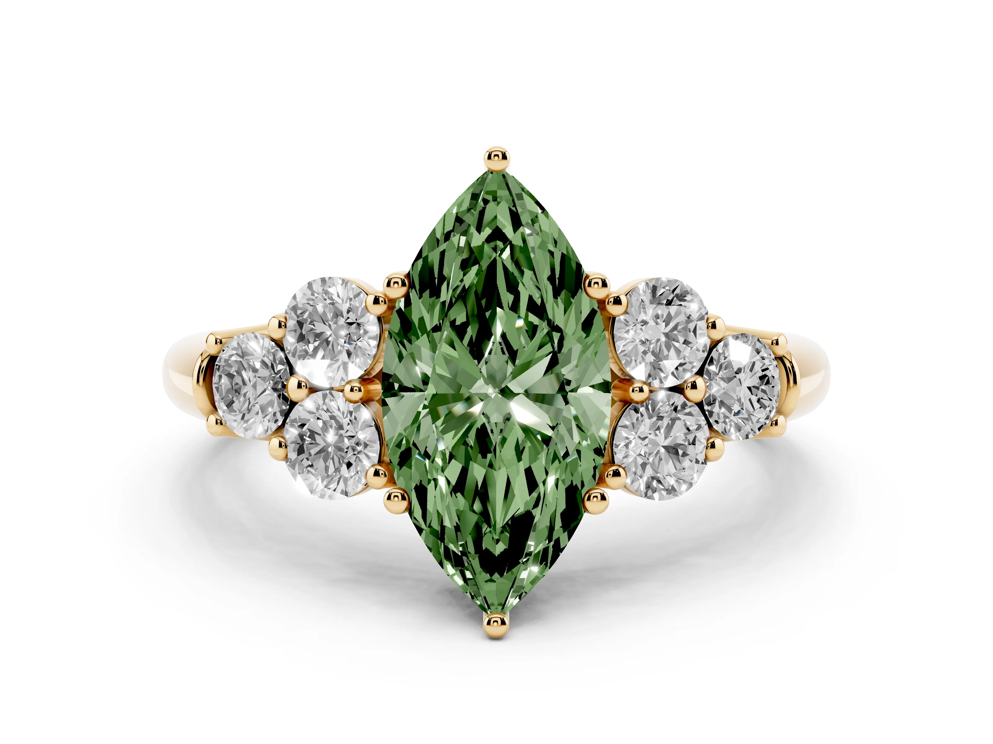 Fancy Green Marquise Cut Diamond Cluster Ring Set in Yellow gold with Round Accent Stones and Prong Setting on a Plain Band
