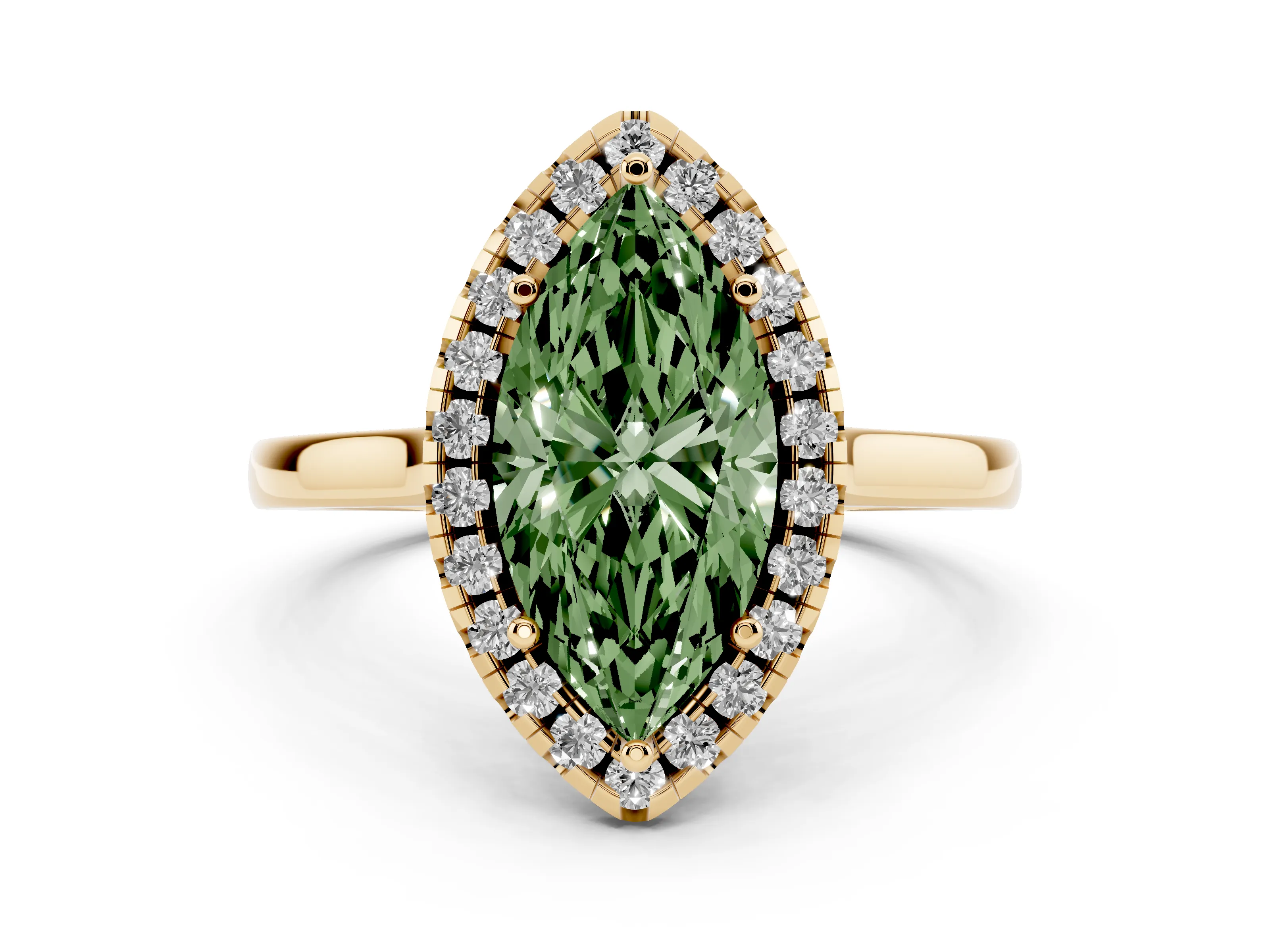 Fancy Green Marquise Cut Halo Round Diamond Solitaire Ring Set in Yellow gold with Pavé Band and Prong Setting