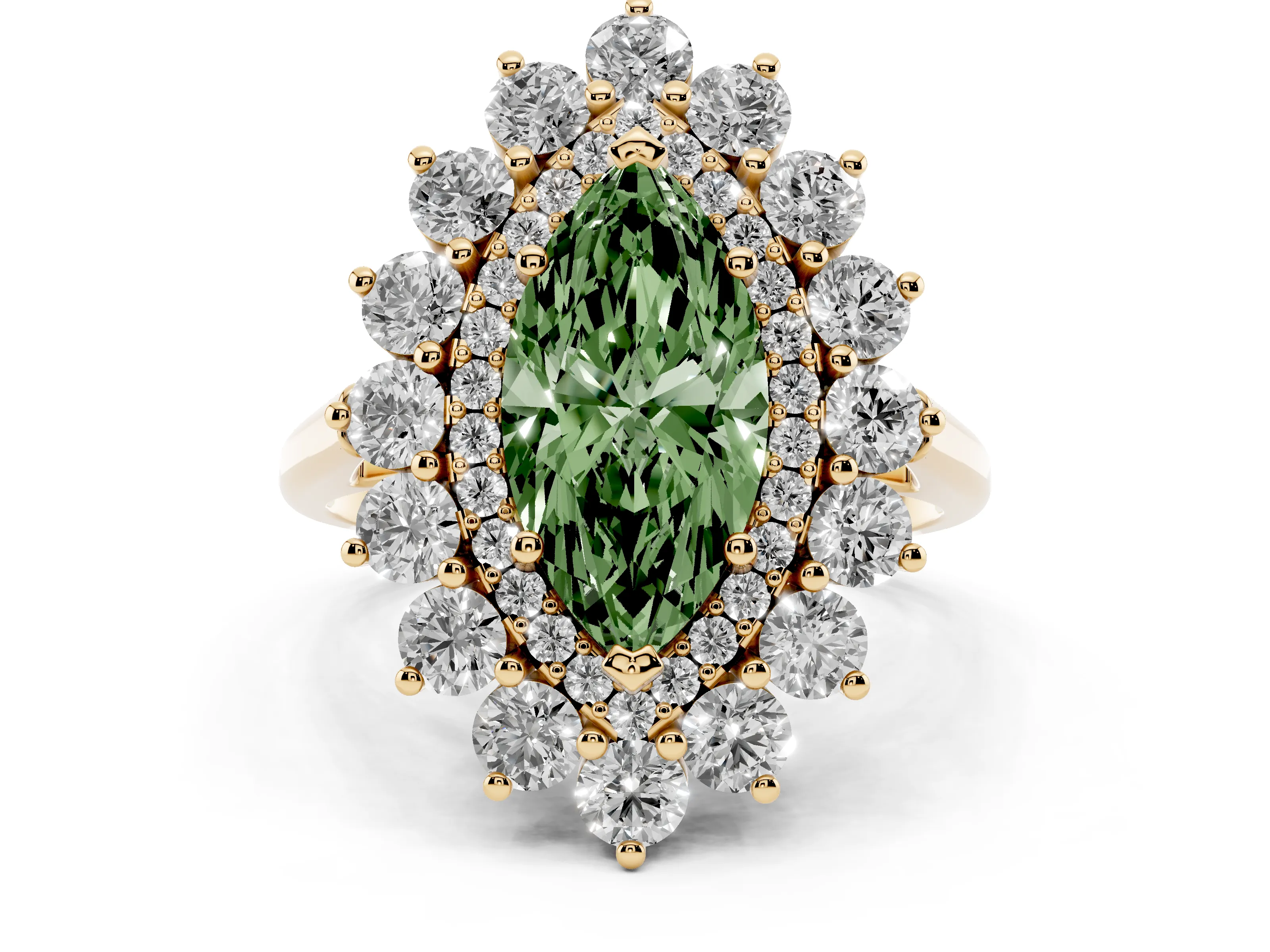 Fancy Green Marquise Cut Diamond Floral Double Halo Ring Set in Yellow gold with Round Petals