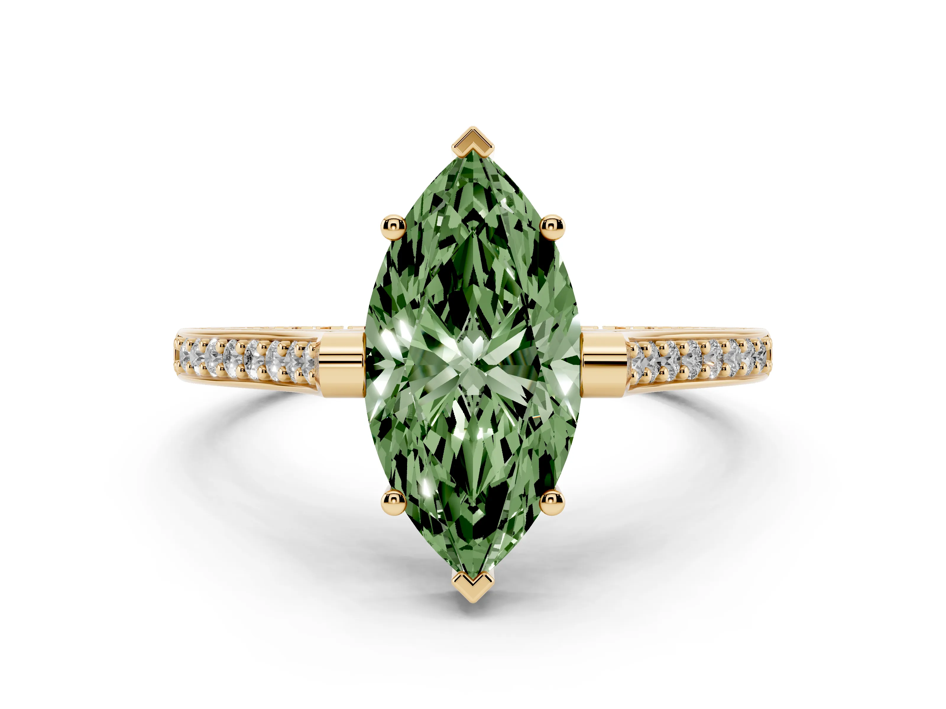 Fancy Green Marquise Cut Diamond Solitaire Ring Set in Yellow gold with Channel Set Band and Bezel Prong Setting