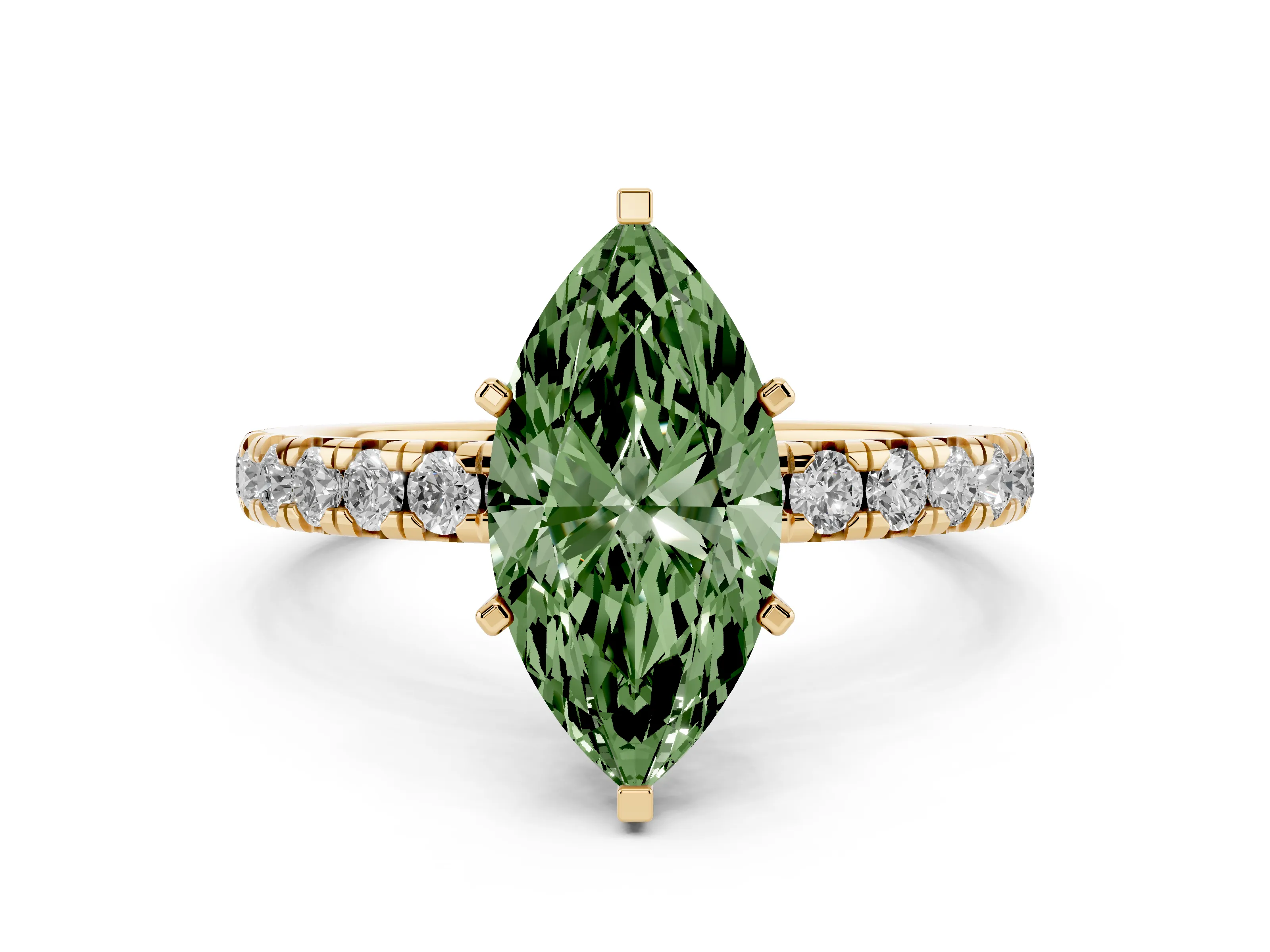Fancy Green Marquise Cut Diamond Pavé Solitaire Ring Set in Yellow gold with Round Band and Prong Setting
