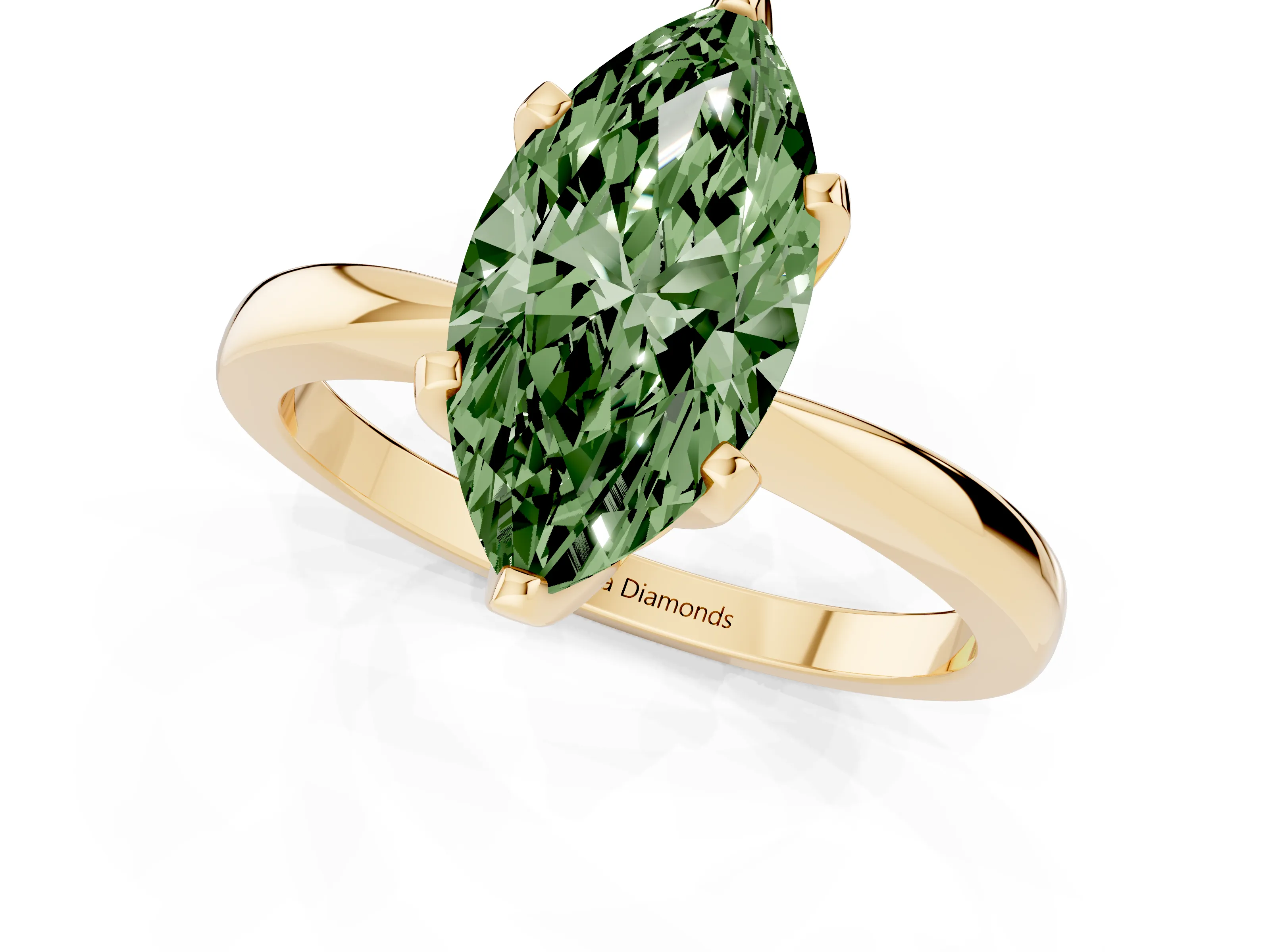 Fancy Green Marquise Cut Diamond Solitaire Engagement Ring Set in Yellow gold with Slim Tapered Solitaire Band