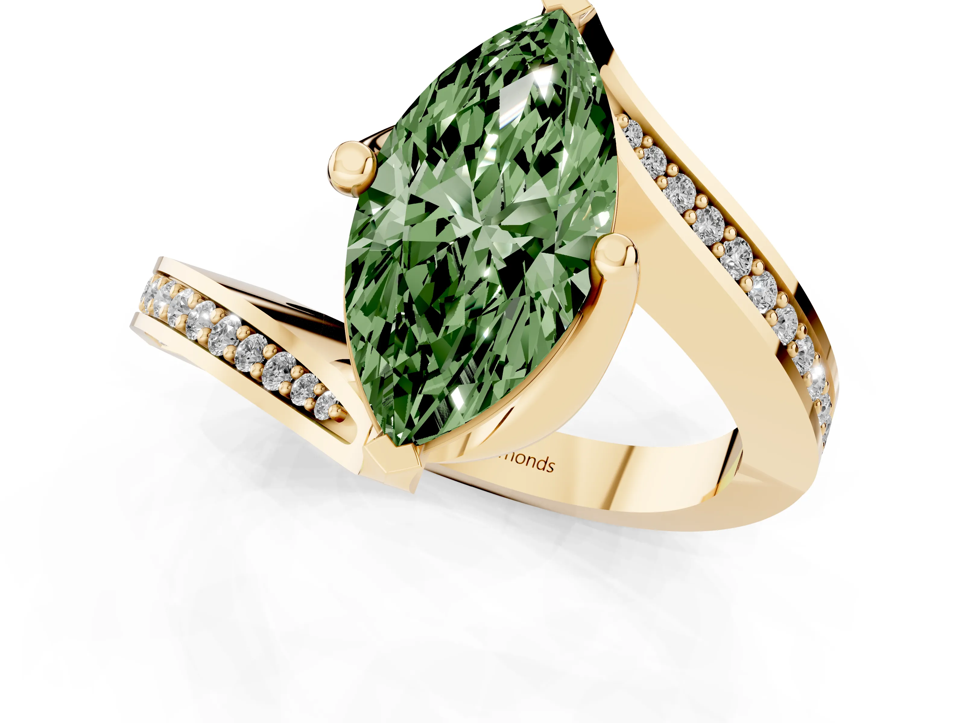 Fancy Green Marquise Cut Diamond Solitaire Ring Set in Yellow gold with Intertwined Pavé Twist Band