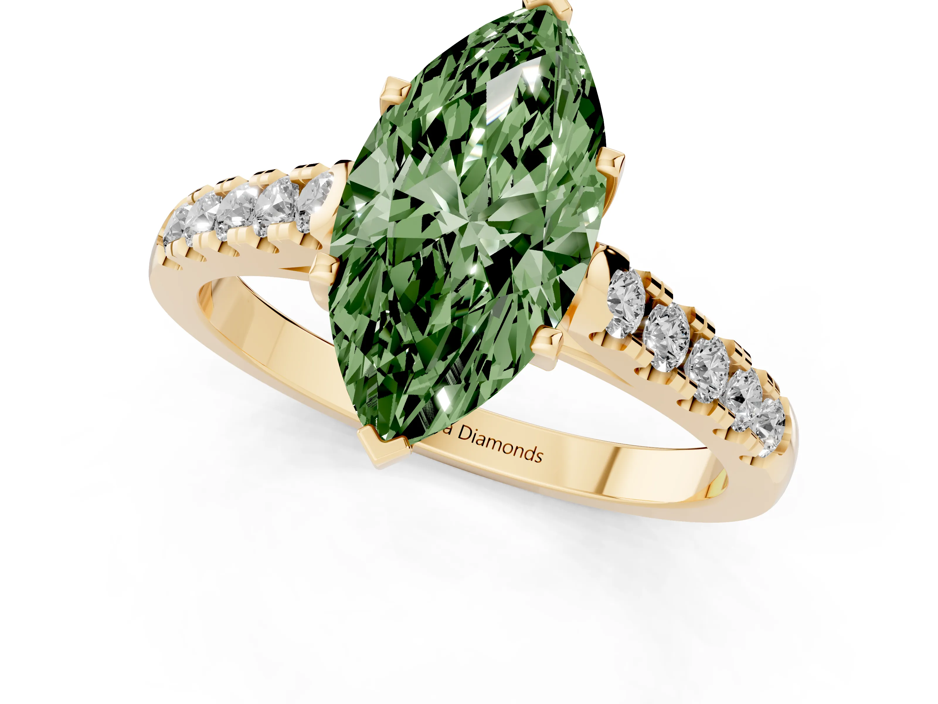 Fancy Green Marquise Cut Diamond Pavé Band Solitaire Ring Set in Yellow gold with Partway Accent Stones and Prong Setting
