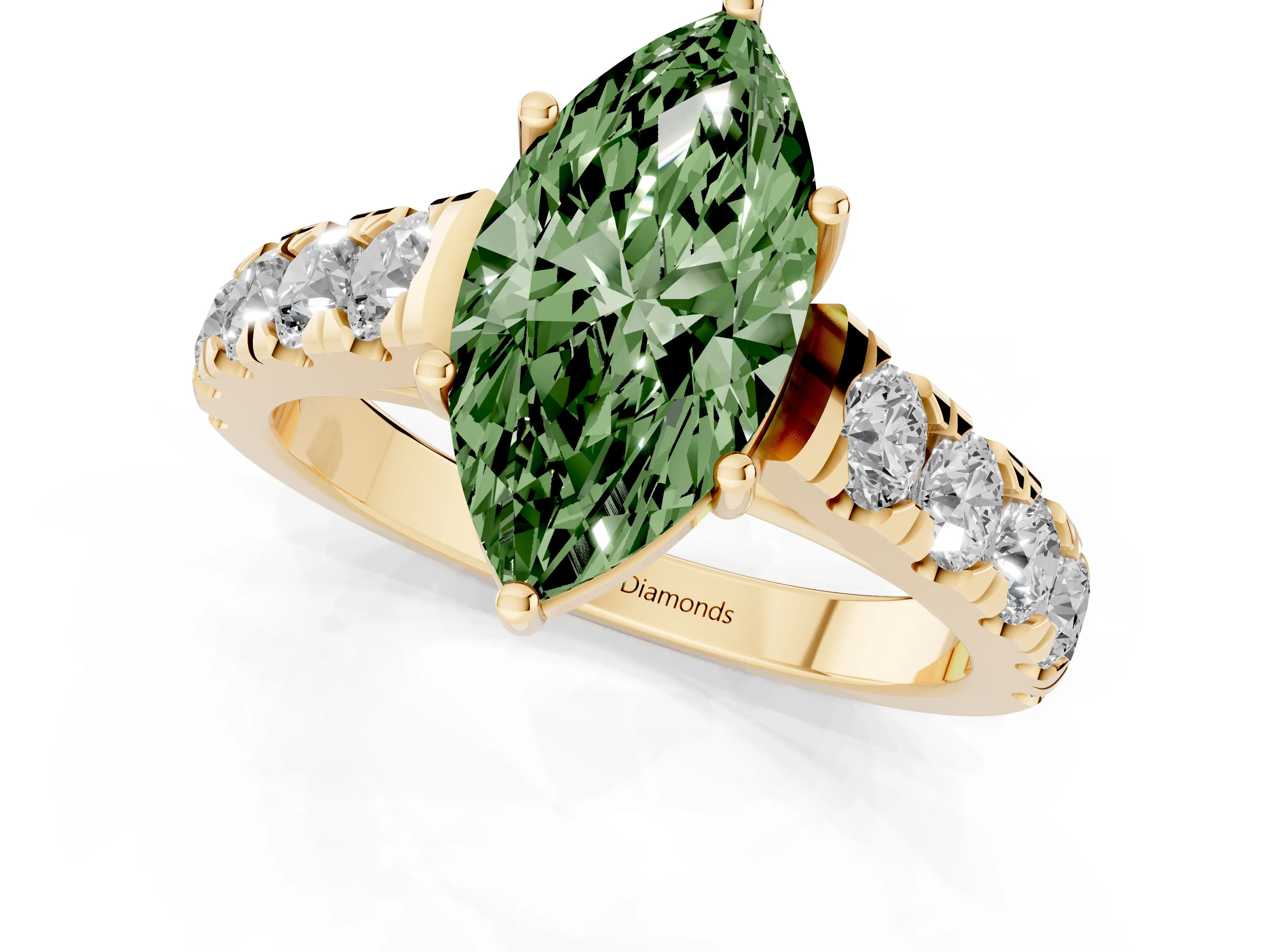 Fancy Green Marquise Cut Diamond Solitaire Ring Set in Yellow gold with Cut-Down Micro Pavé Band and Prong Setting