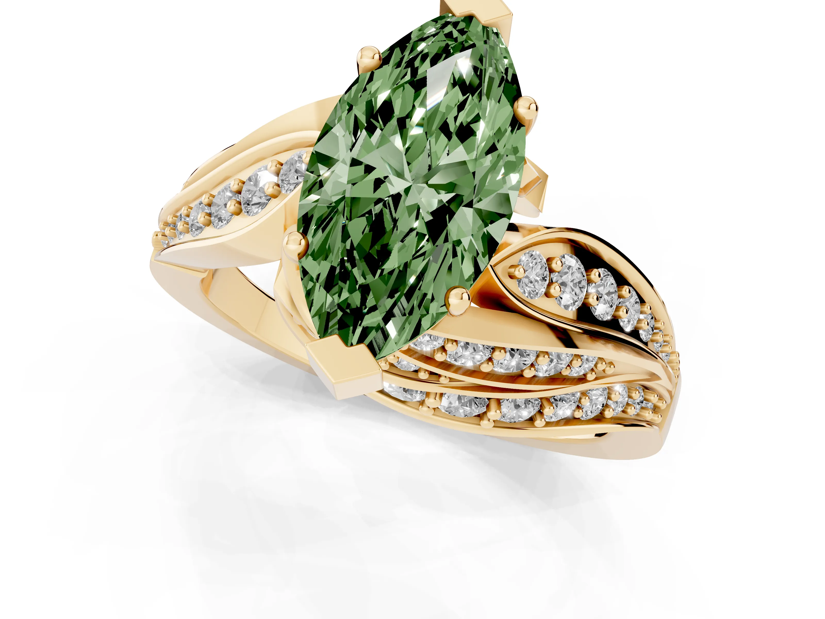 Fancy Green Marquise Cut Diamond Solitaire Ring Set in Yellow gold with Layered Twist Pavé Band