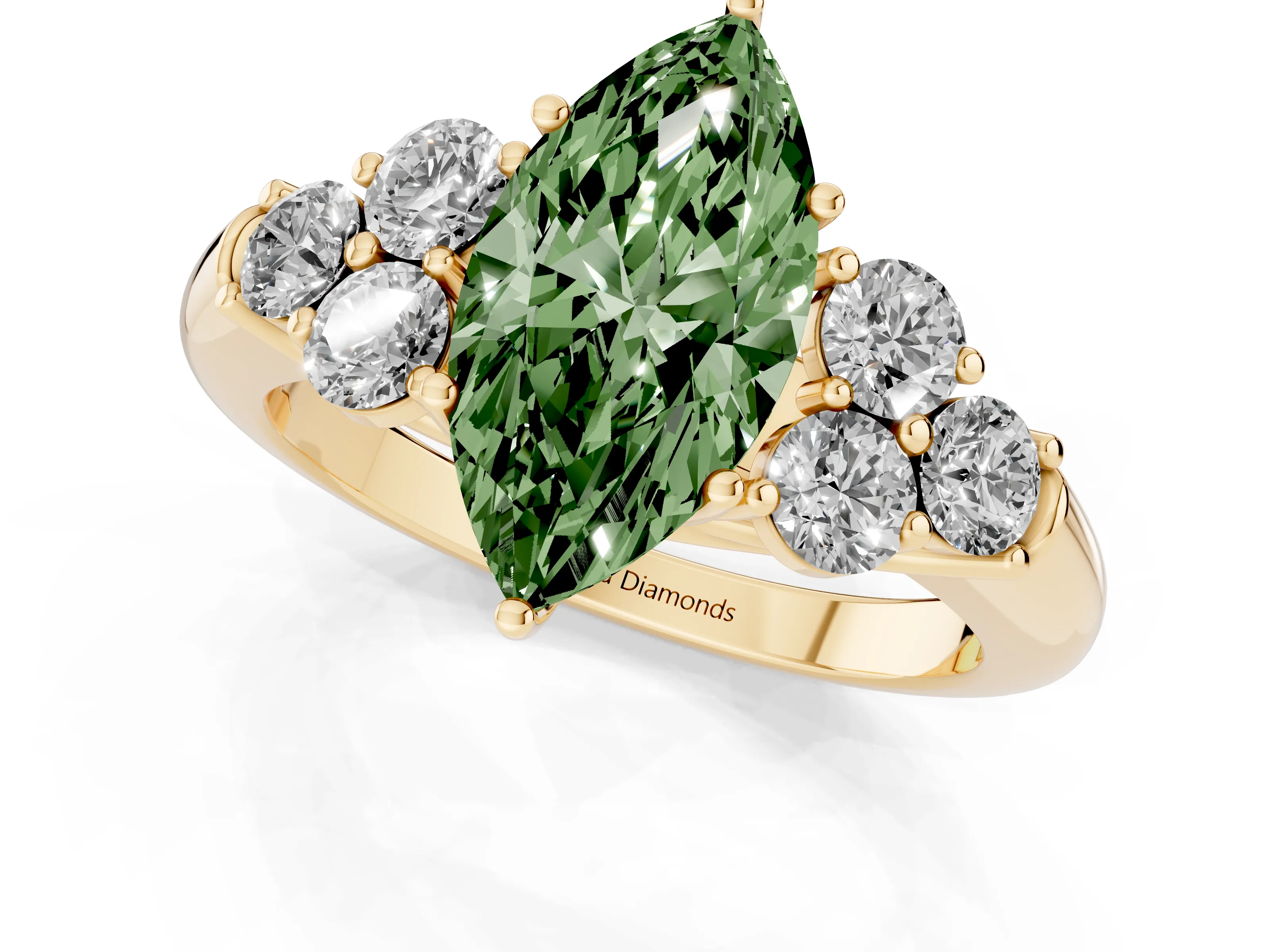 Fancy Green Marquise Cut Diamond Cluster Ring Set in Yellow gold with Round Accent Stones and Prong Setting on a Plain Band
