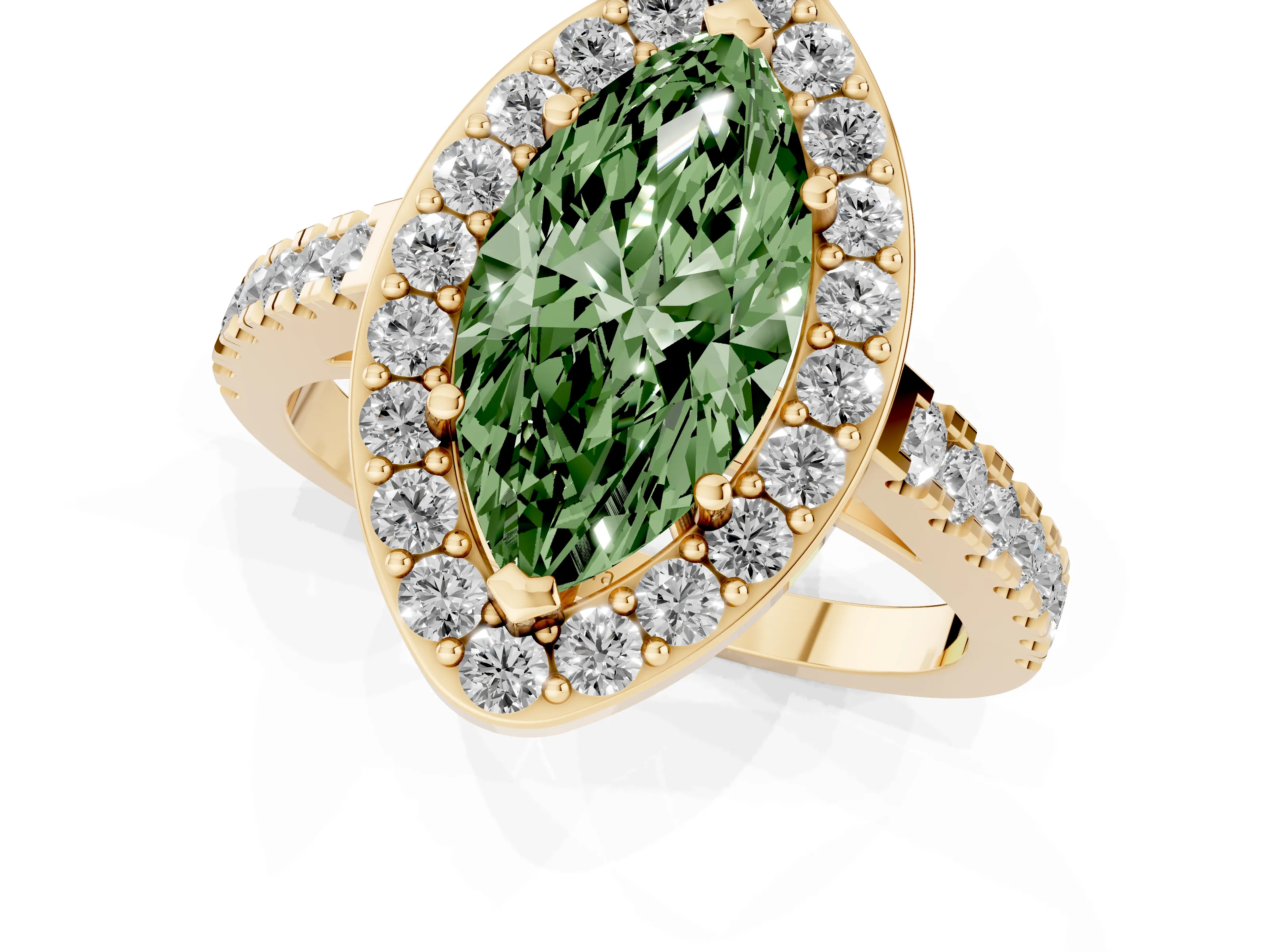 Fancy Green Marquise Cut Diamond Halo Ring Set in Yellow gold with Round Pavé Split Shank and Prong Setting