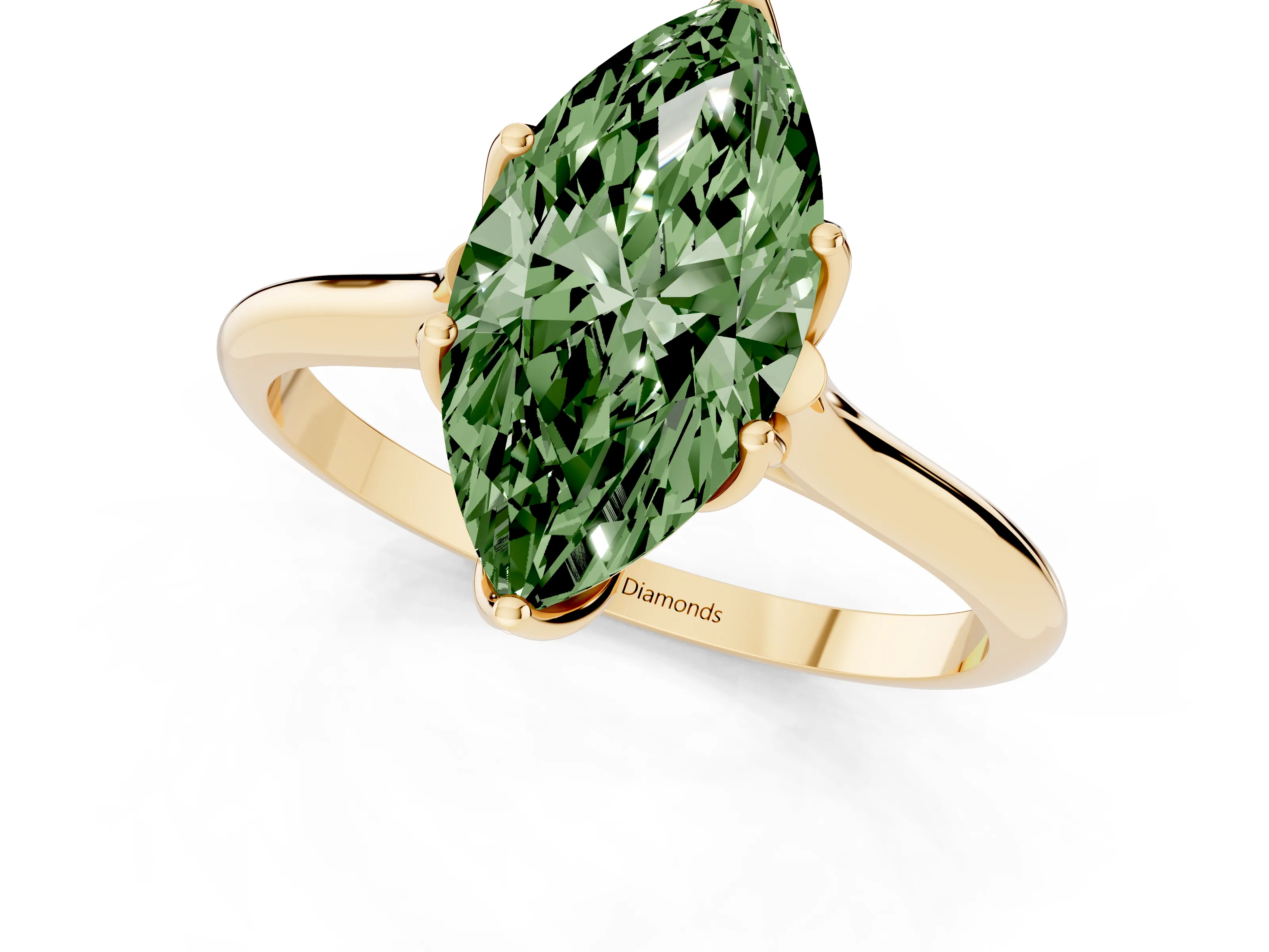 Fancy Green Marquise Cut Diamond Solitaire Cathedral Ring Set in Yellow gold with Prong Setting