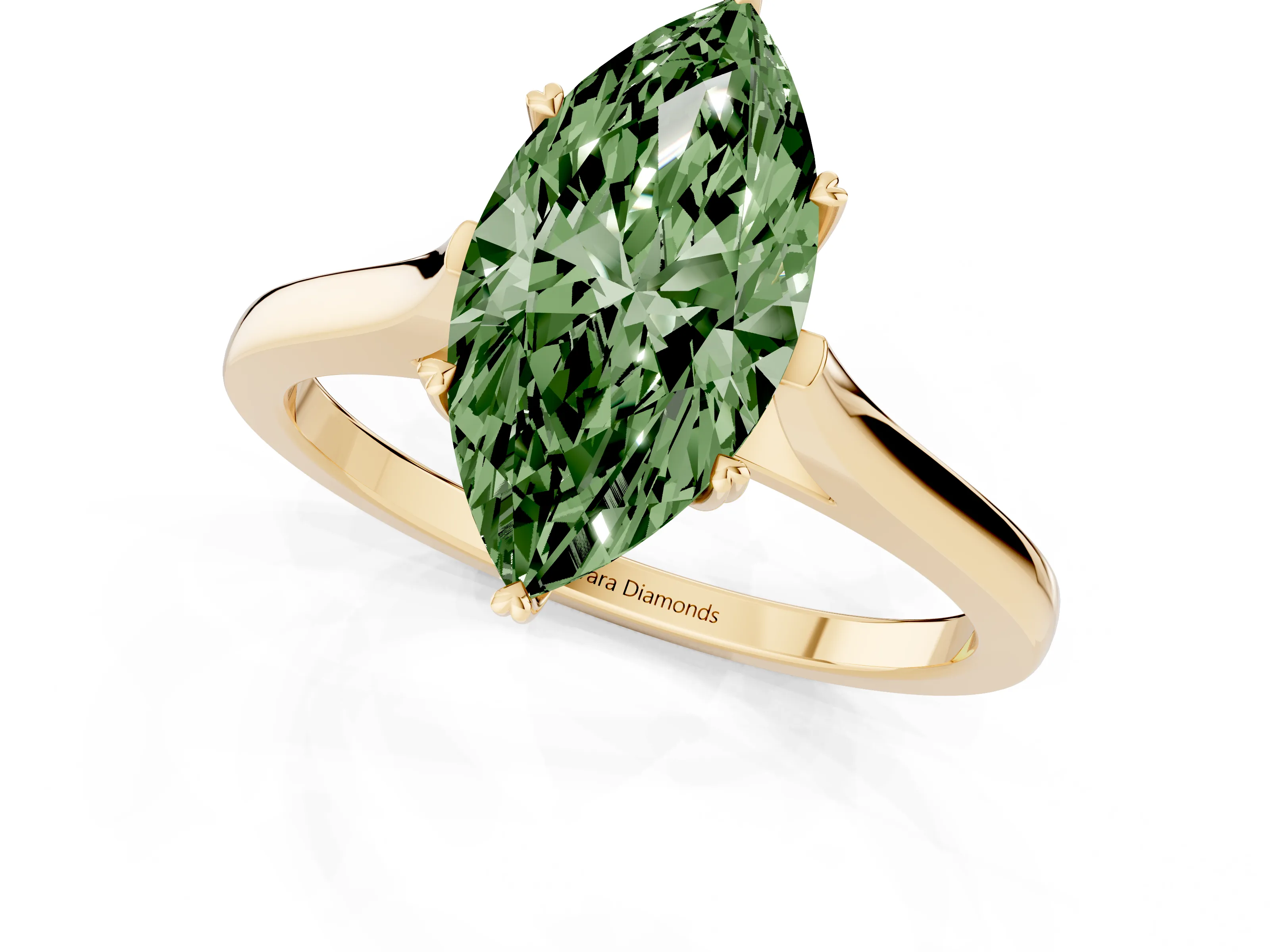 Fancy Green Marquise Cut Diamond Solitaire Heart Prong Engagement Ring Set in Yellow gold with Tapered Band