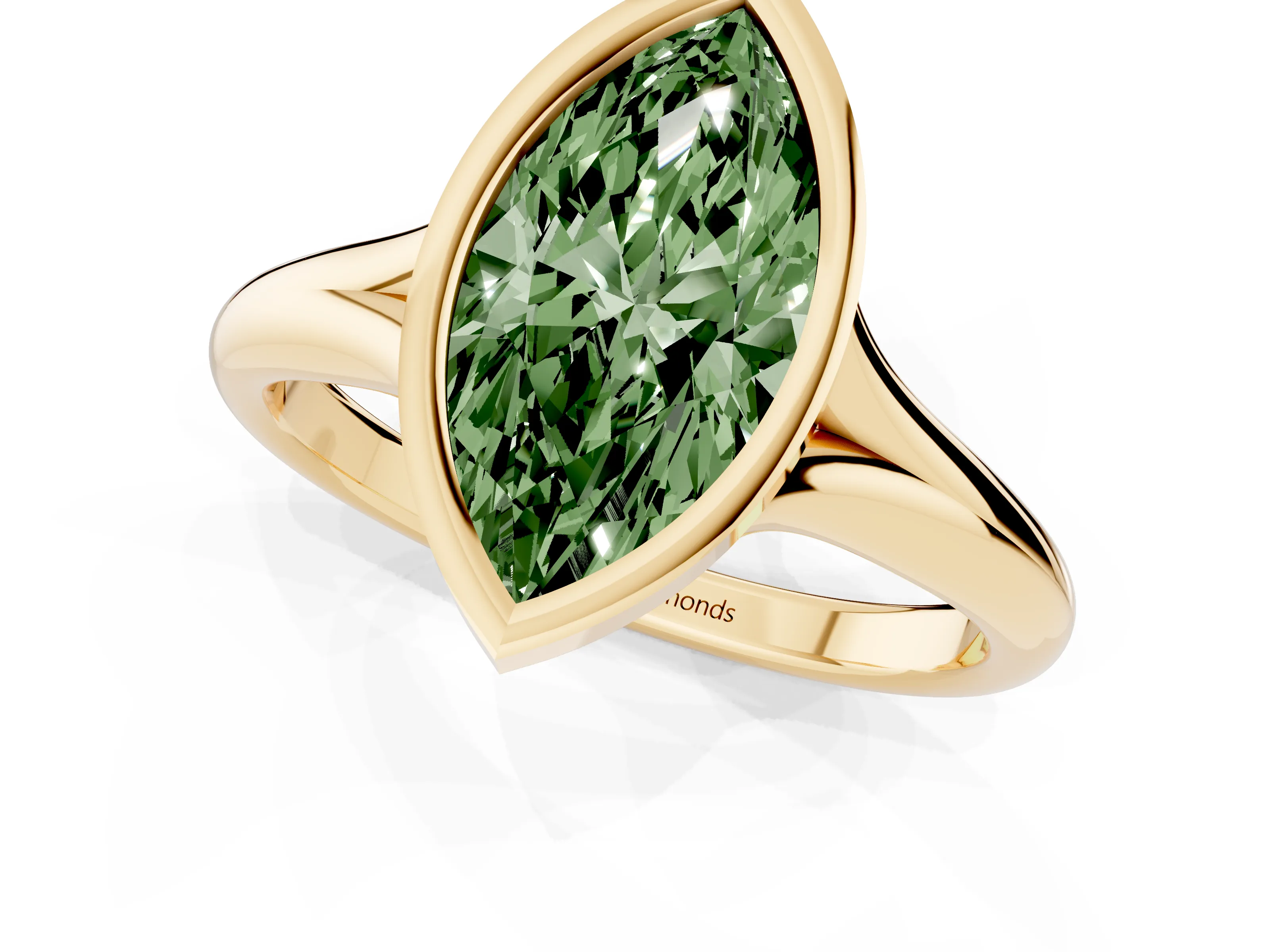 Fancy Green Bezel Set Marquise Cut Diamond Solitaire Ring Set in Yellow gold with Smooth Band