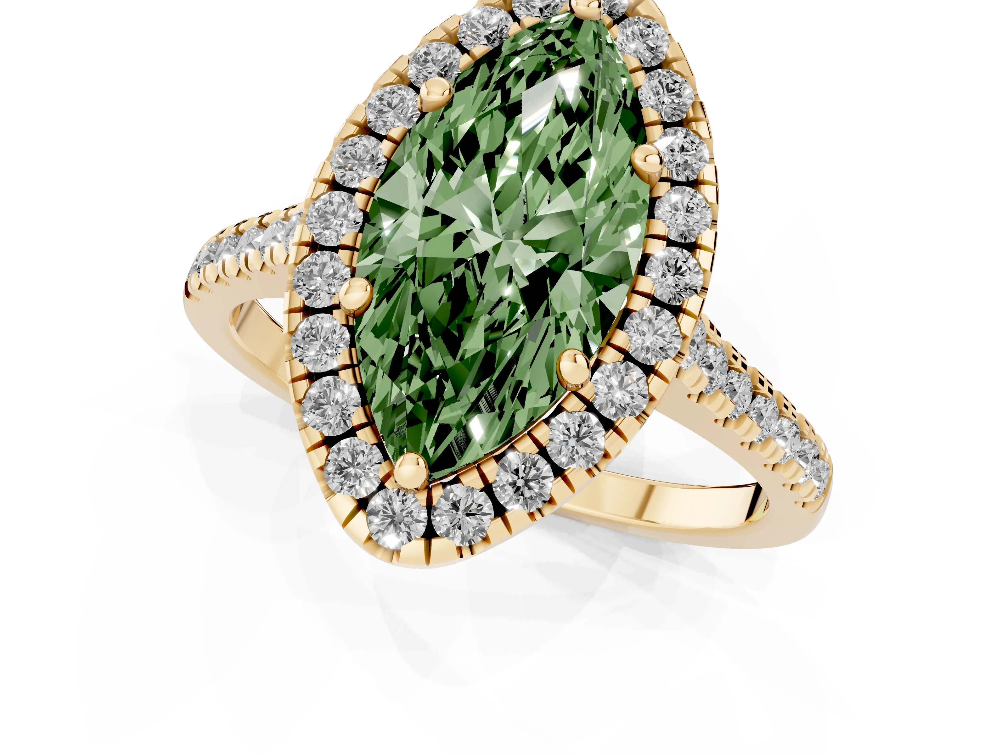 Fancy Green Marquise Cut Diamond Cushion Halo Ring Set in Yellow gold with Pavé Band