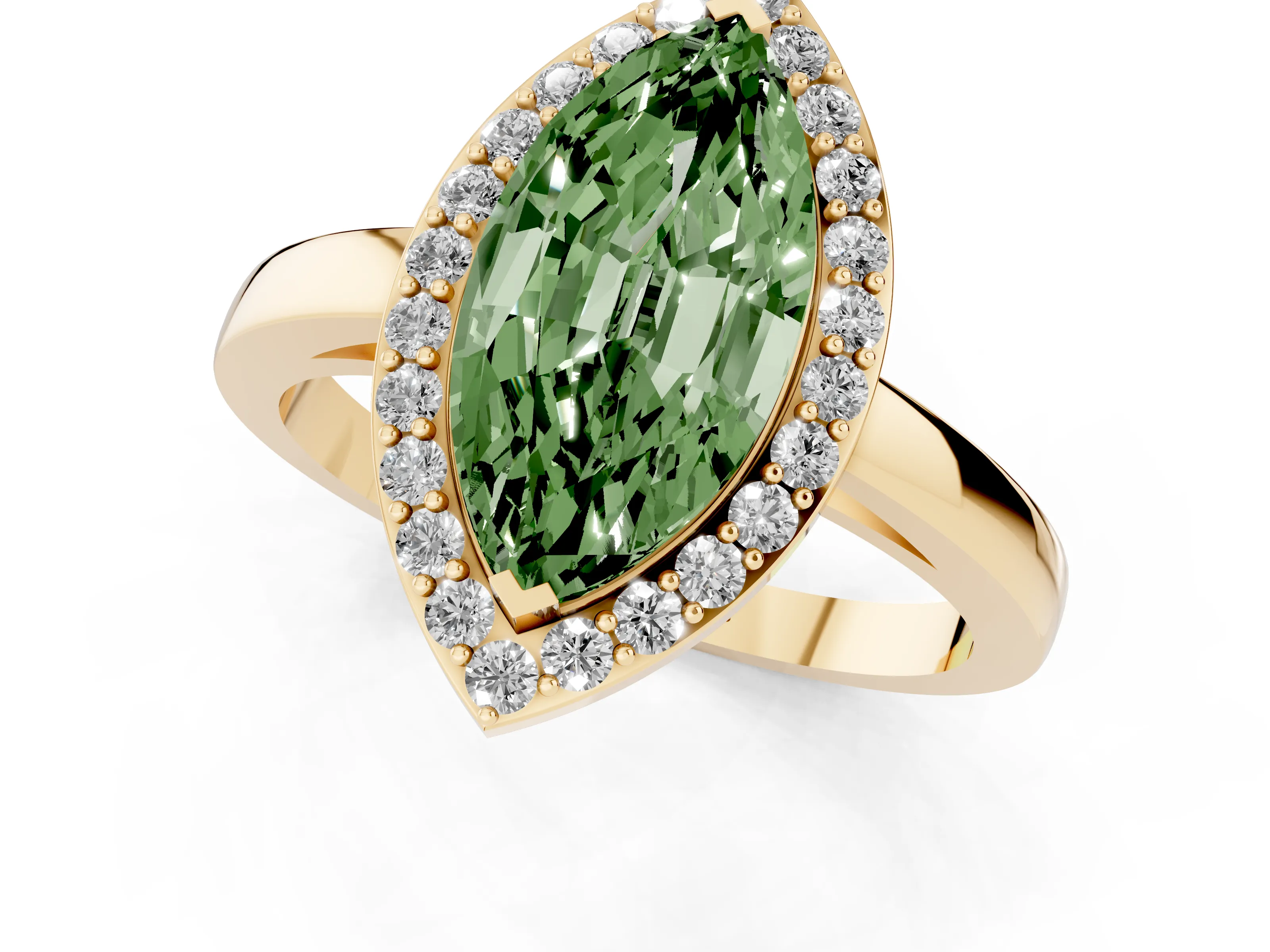 Fancy Green Marquise Cut Diamond Halo Ring Set in Yellow gold with Solitaire Band and Prong Setting