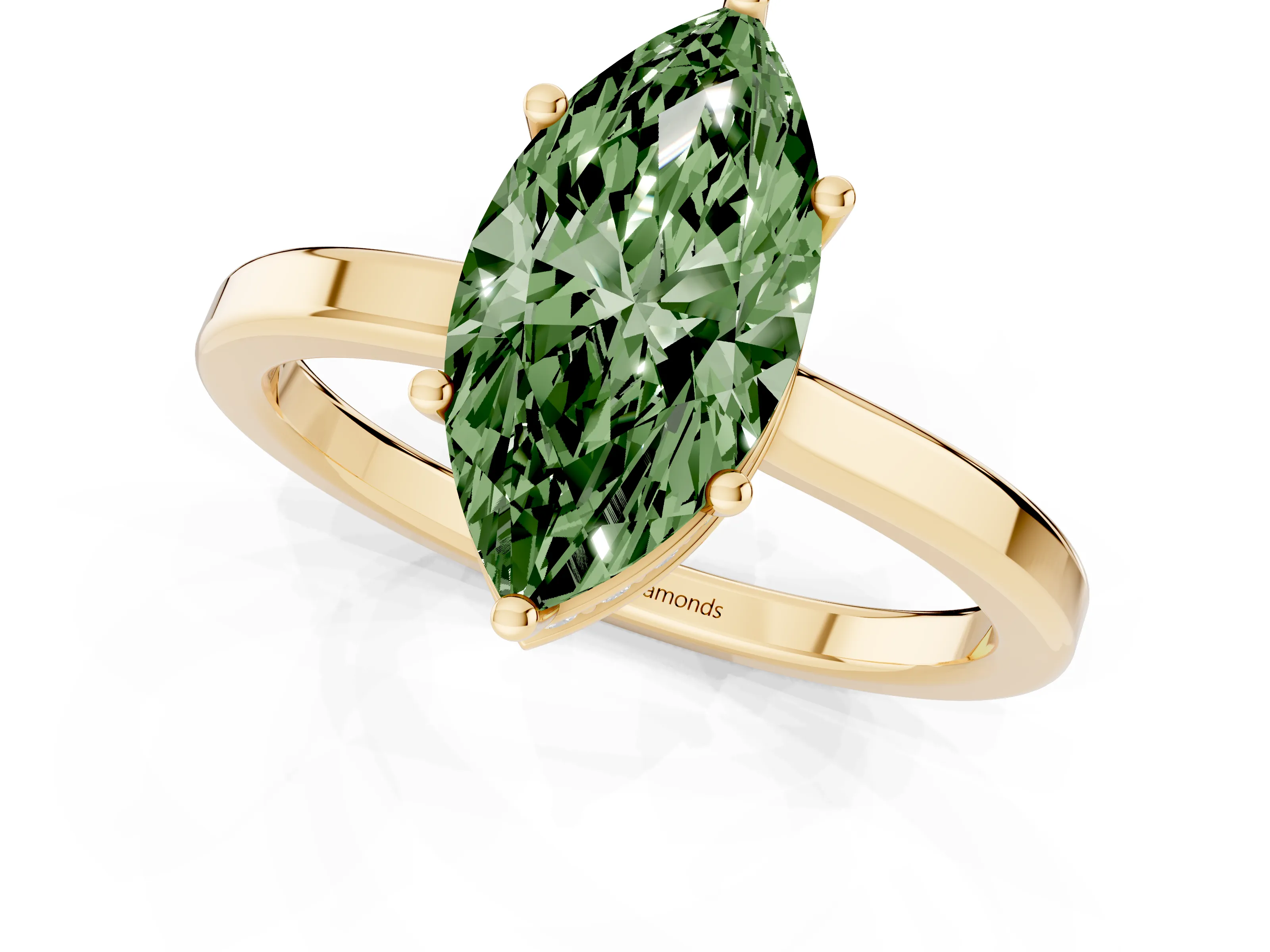Fancy Green Marquise Cut Diamond Solitaire Engagement Ring Set in Yellow gold with Prong Setting on a Plain Band