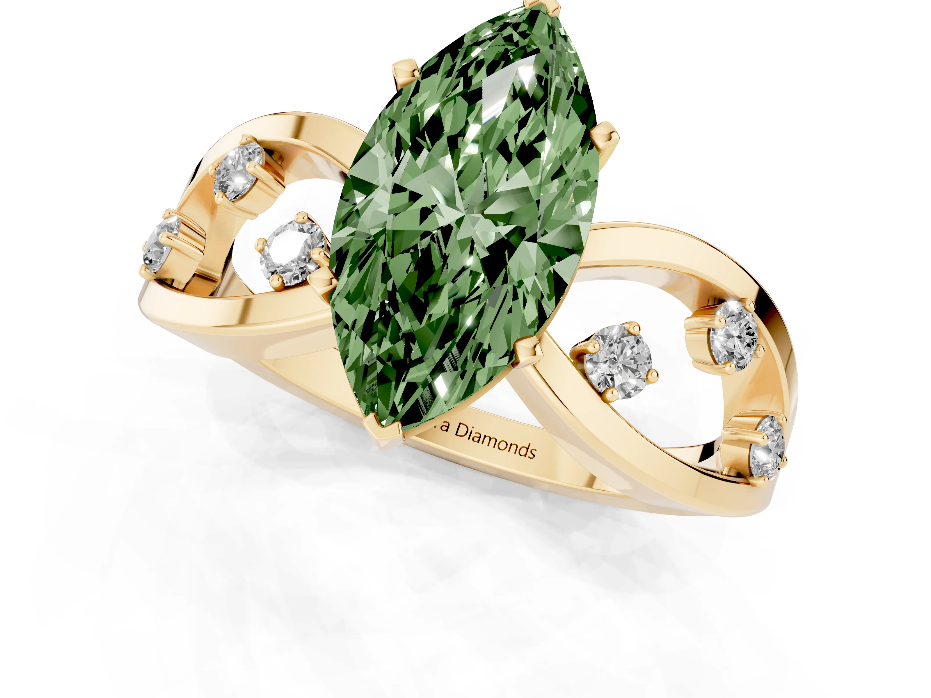 Fancy Green Marquise Cut Diamond Solitaire Ring Set in Yellow gold with Side Stones on Criss-Cross Band and Prong Setting