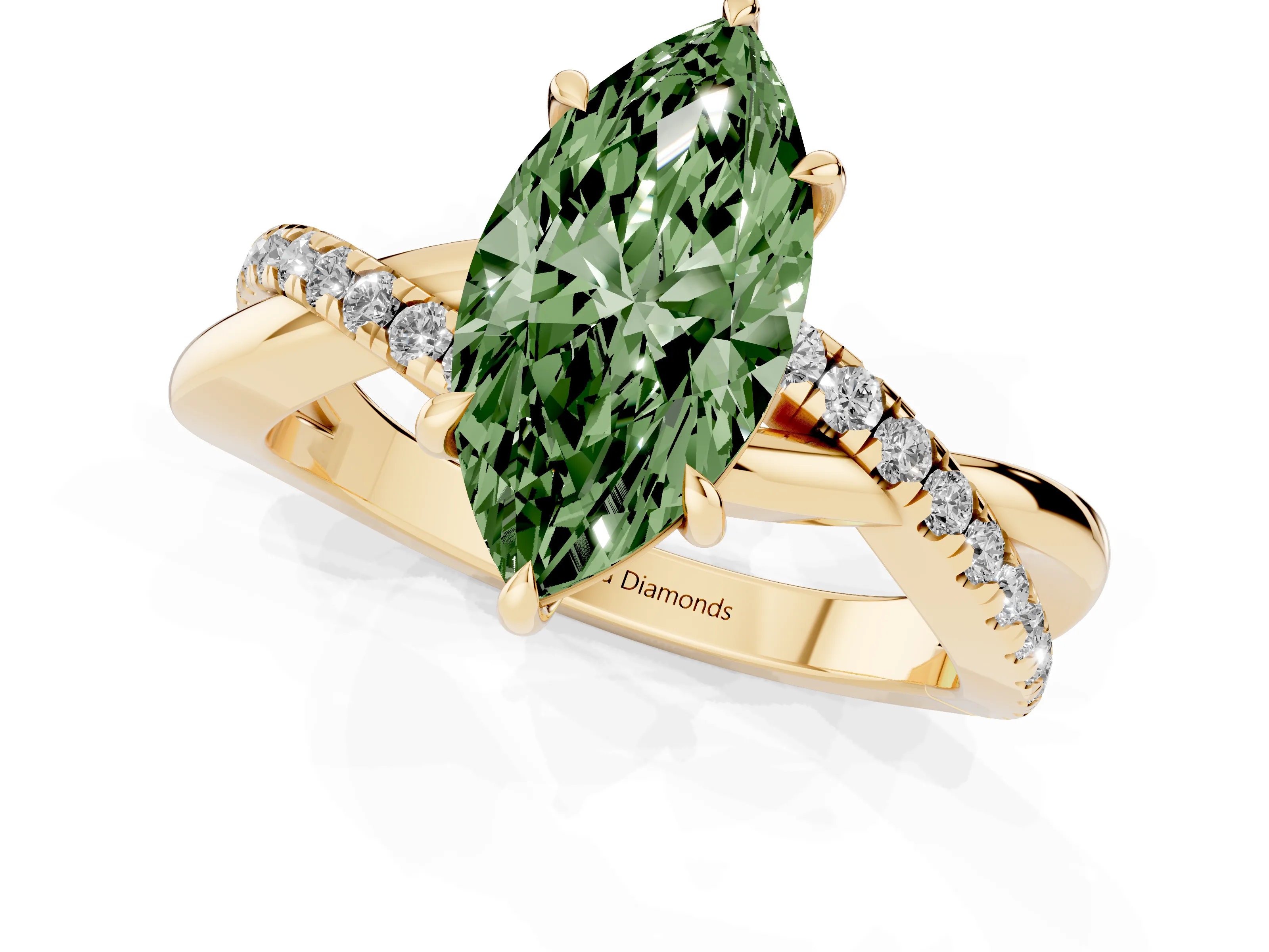 Fancy Green Marquise Cut Diamond Twisted Pavé Band Ring Set in Yellow gold with Prong Setting