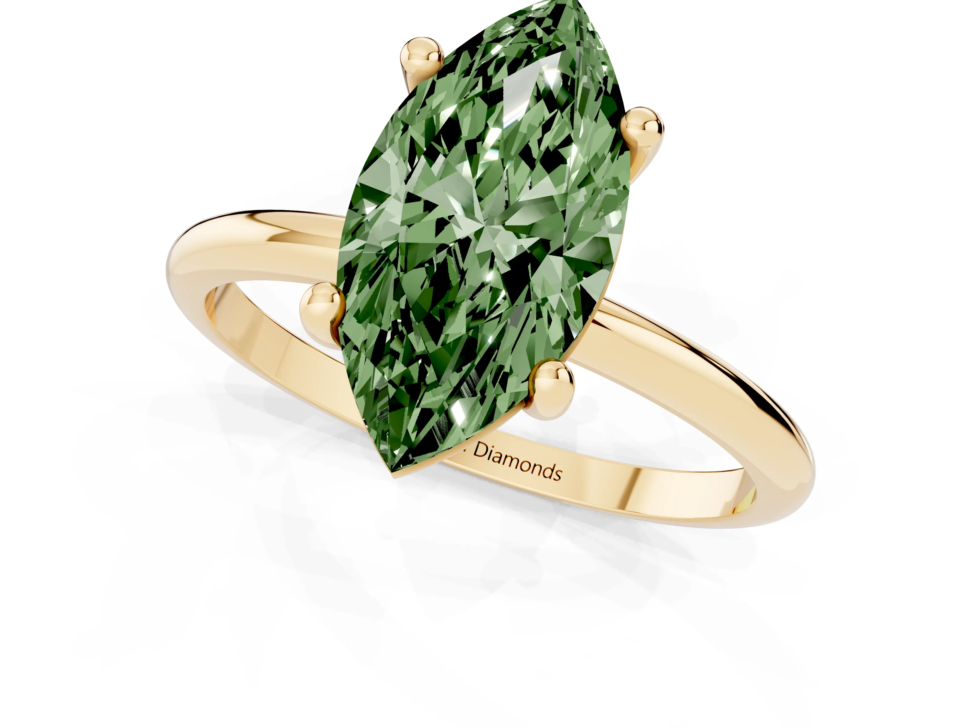 Fancy Green Marquise Cut Diamond Solitaire Ring Set in Yellow gold with Secure Prong Setting on a Classic Band