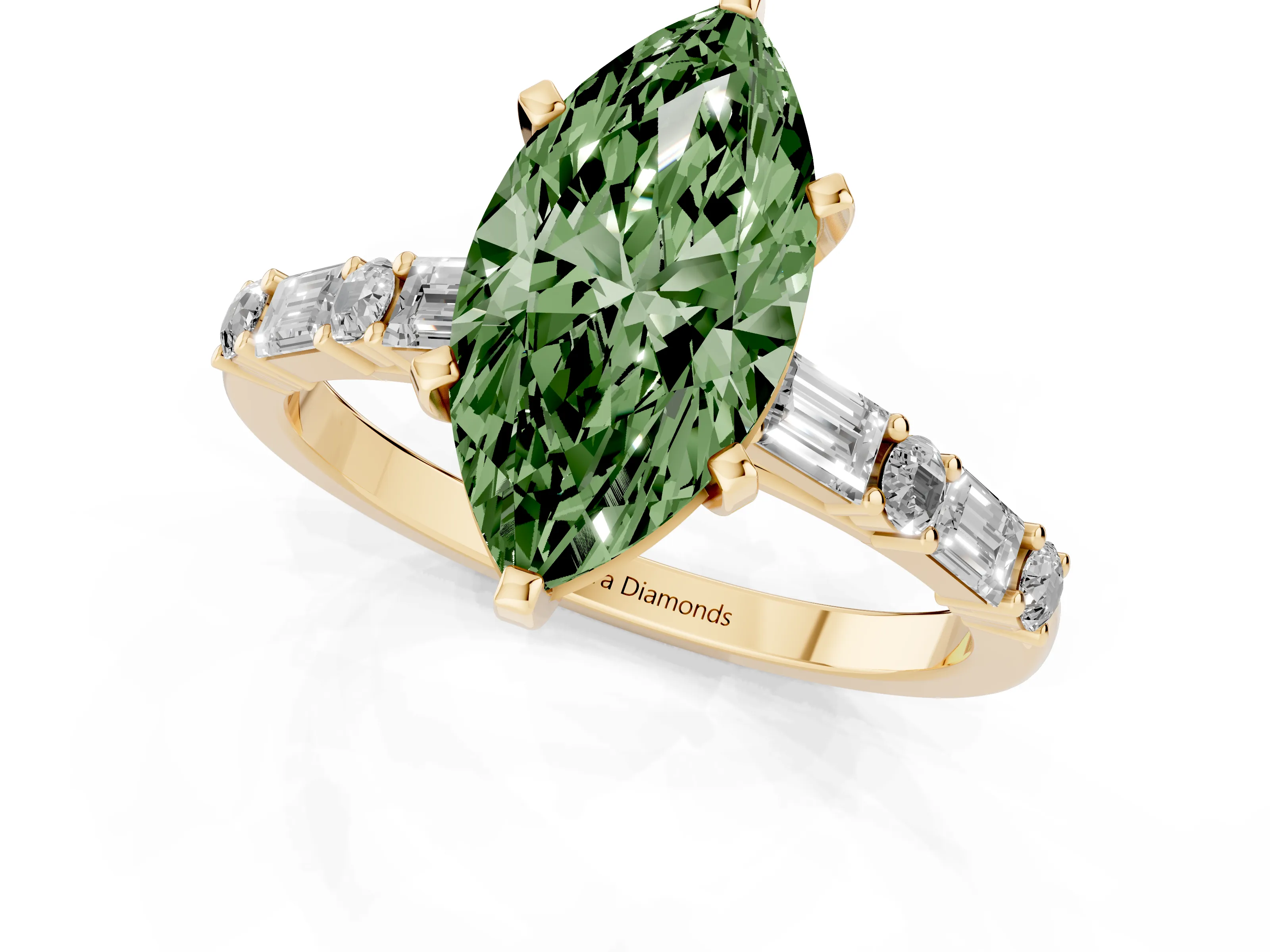 Fancy Green Marquise Cut Diamond Solitaire Set in Yellow gold with Side Baguettes and Channel Set Band