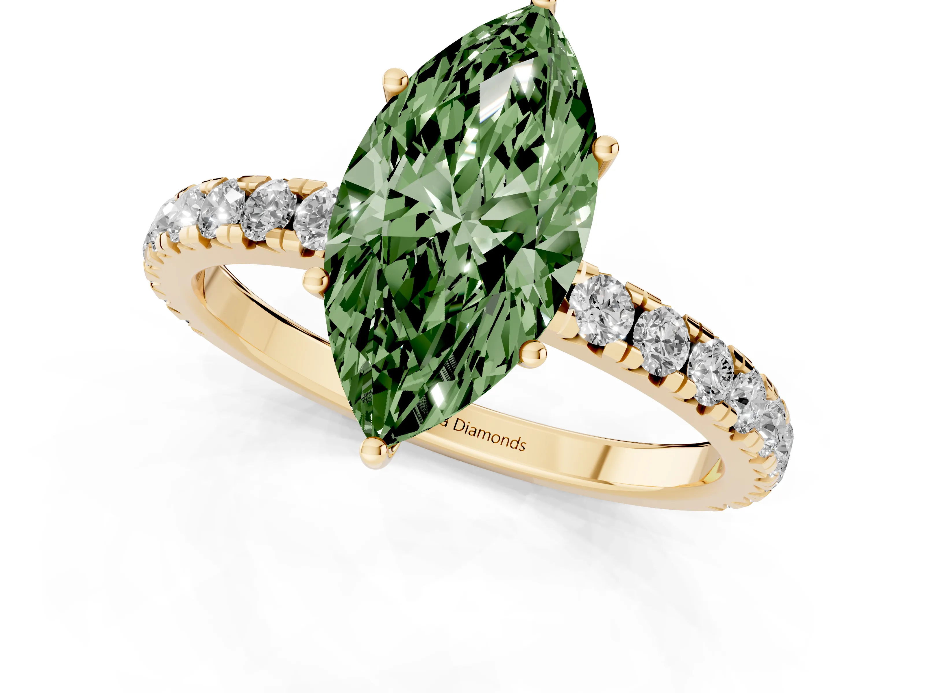Fancy Green Marquise Cut Diamond Pavé Solitaire Engagement Ring Set in Yellow gold with Prong Setting