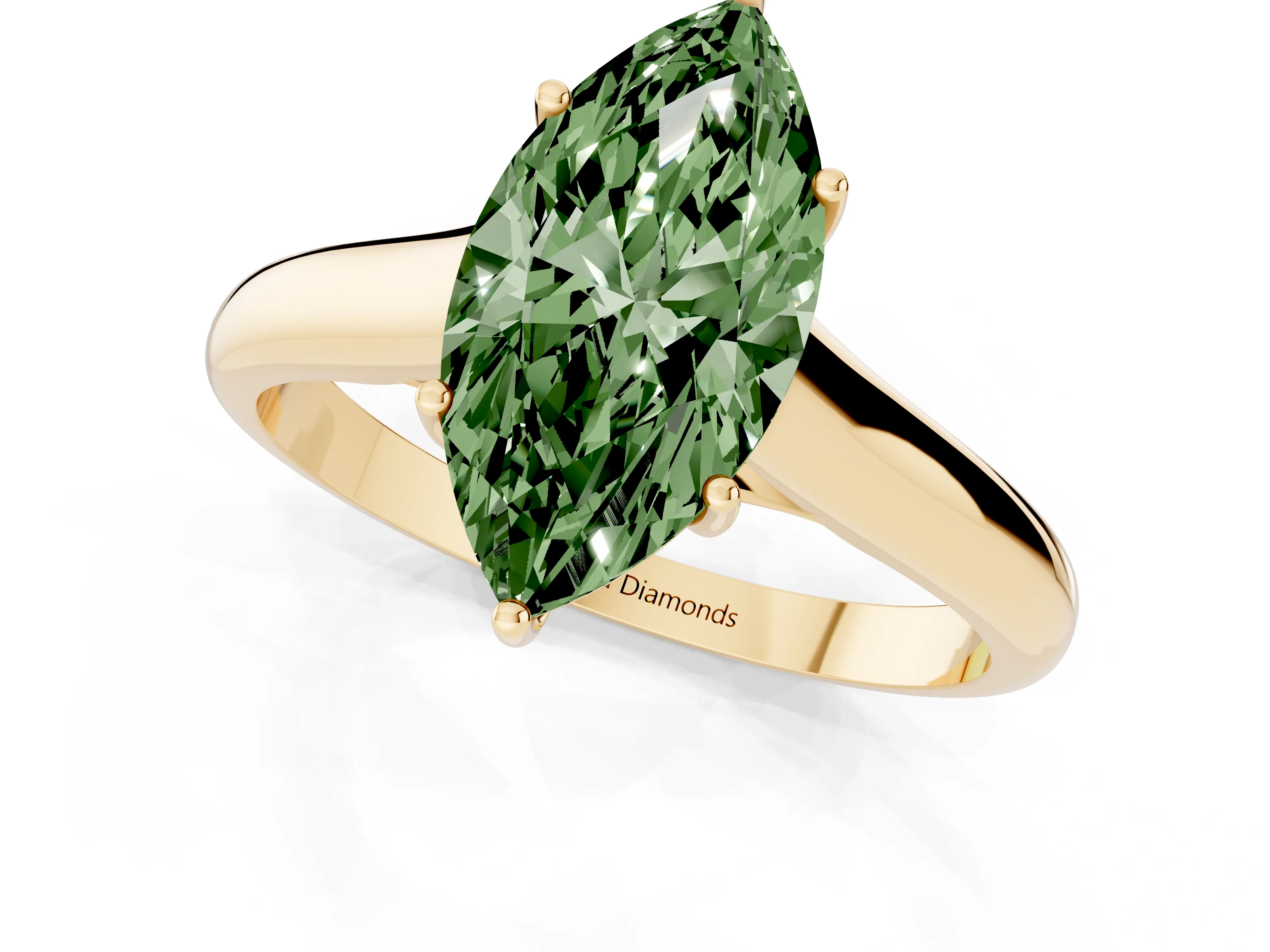 Fancy Green Marquise Cut Diamond Solitaire Engagement Ring Set in Yellow gold with Subtly Tapered Band and Prong Setting