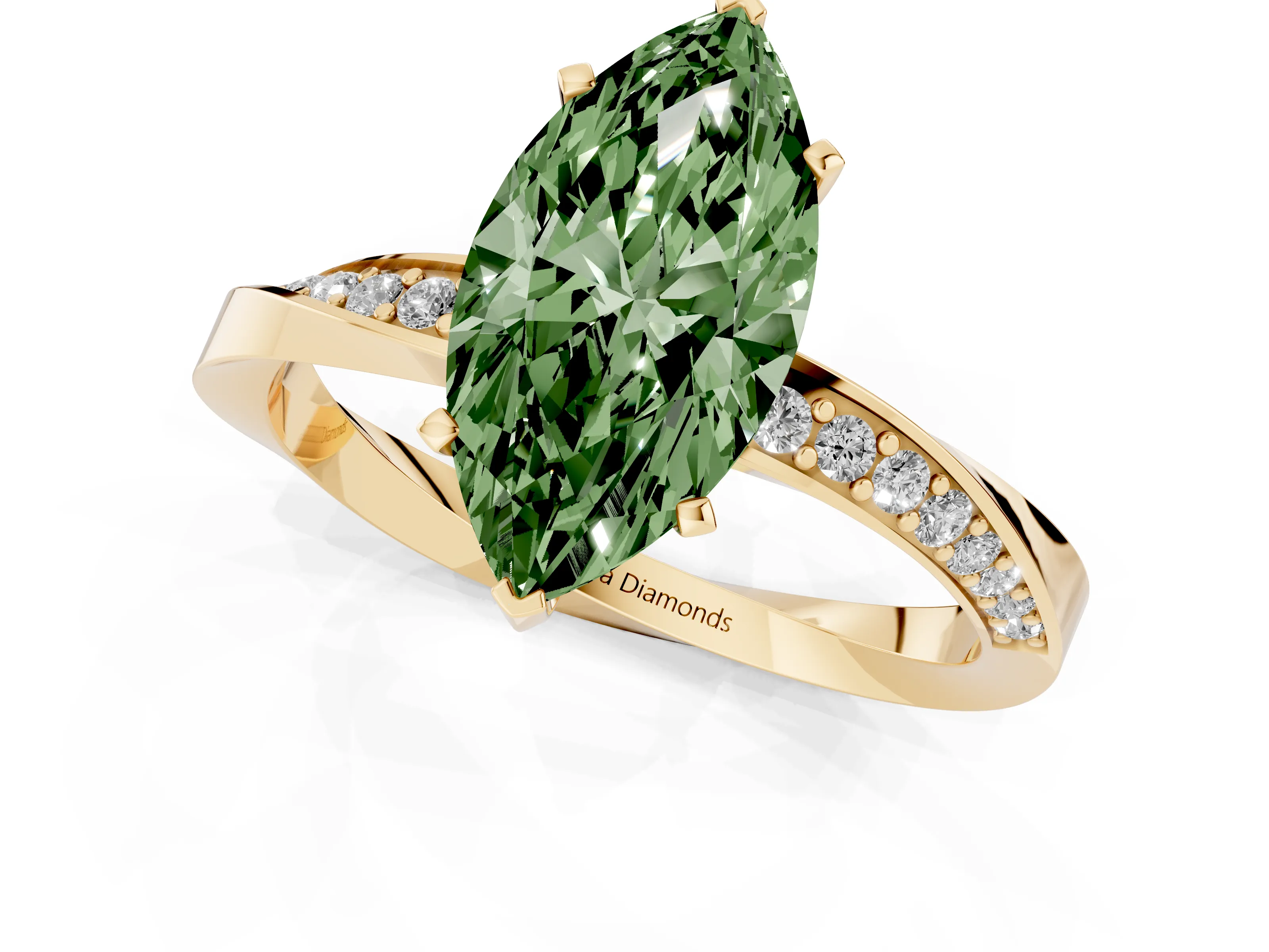 Fancy Green Marquise Cut Diamond Engagement Ring Set in Yellow gold with Side Stone Accents and Prong Setting