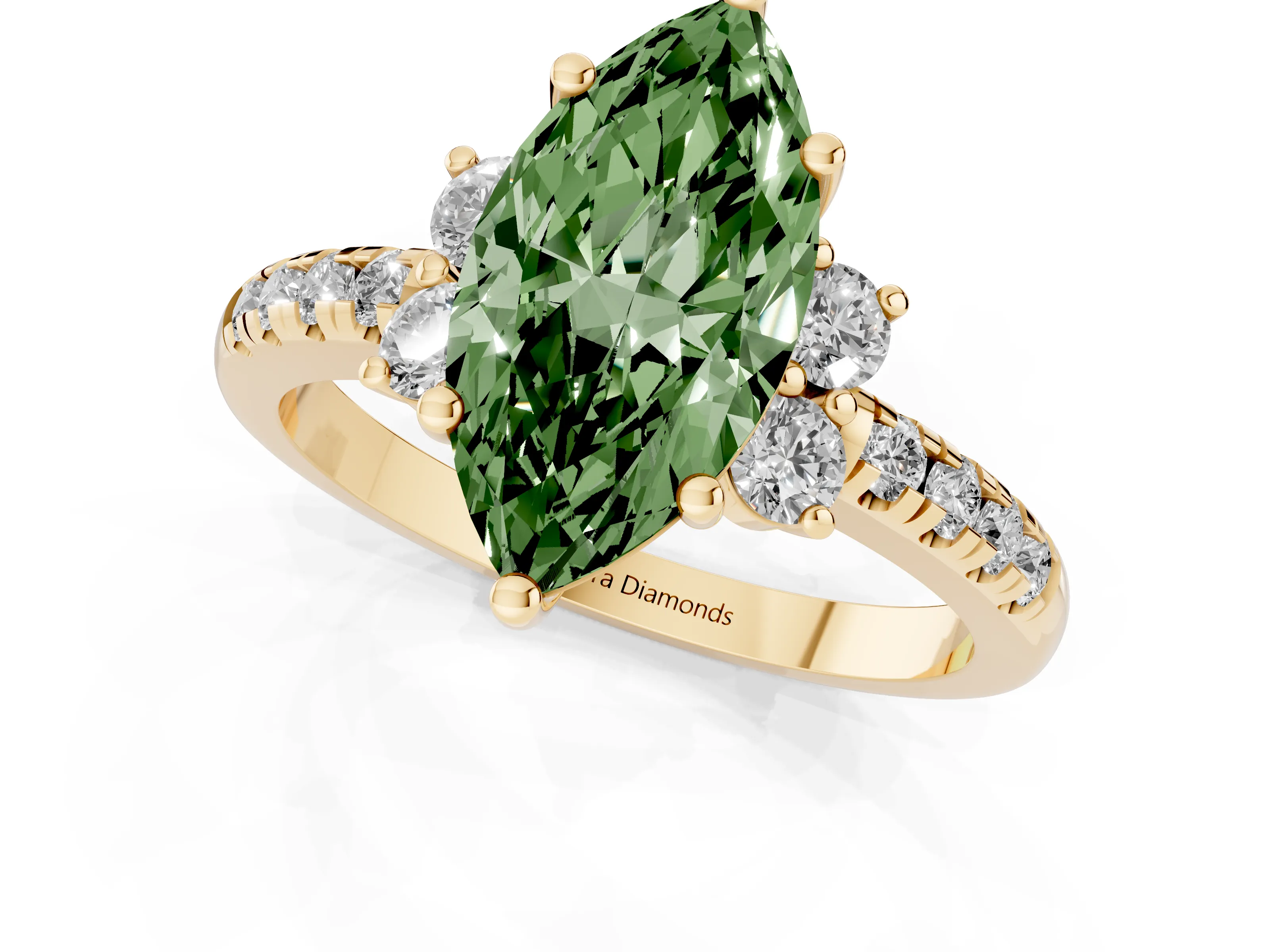 Fancy Green Marquise Cut Diamond Three-Stone Pavé Ring Set in Yellow gold with Prong Setting