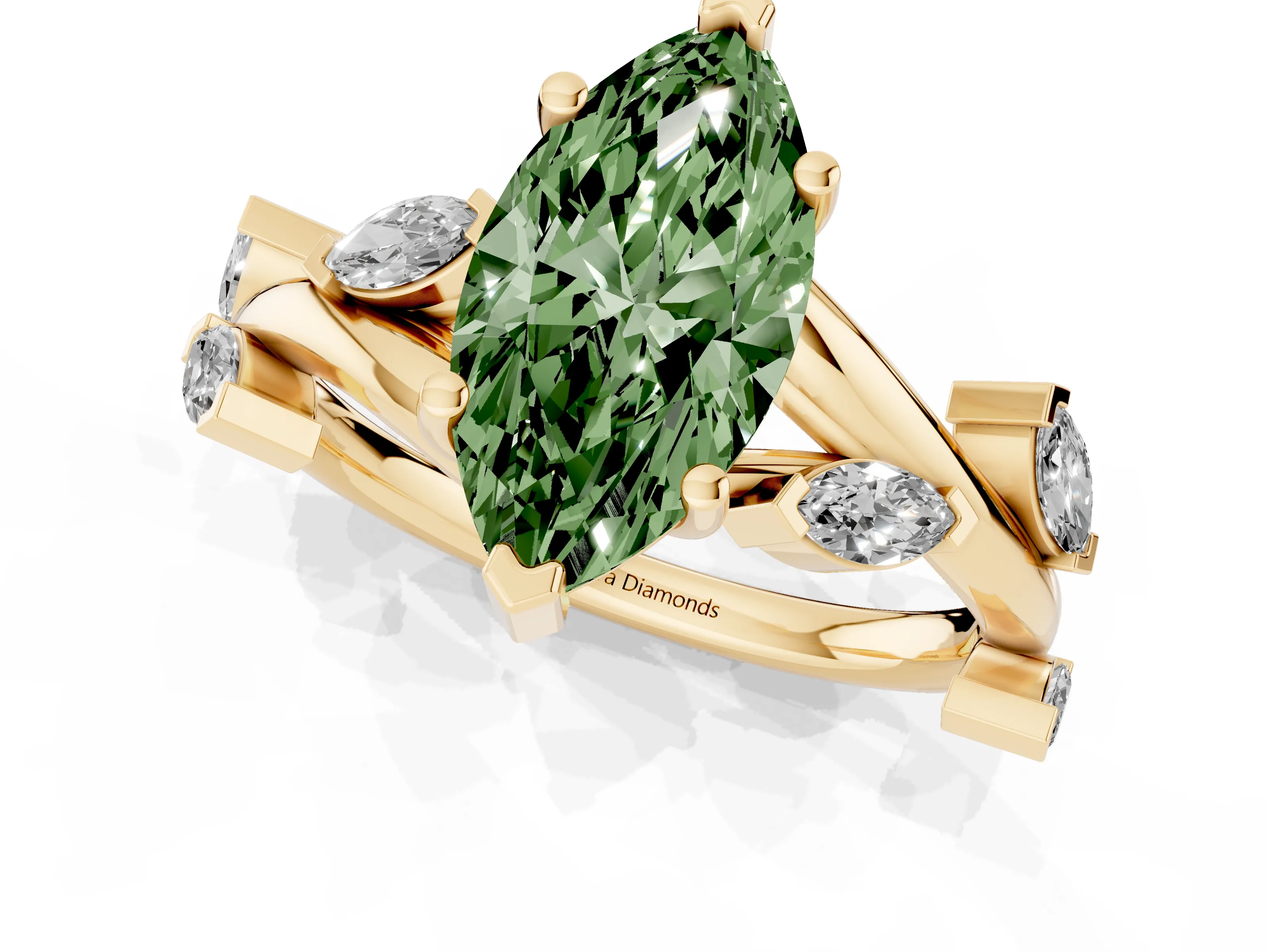 Fancy Green Marquise Cut Diamond Solitaire Ring Set in Yellow gold with Twisted Marquise Accent Band