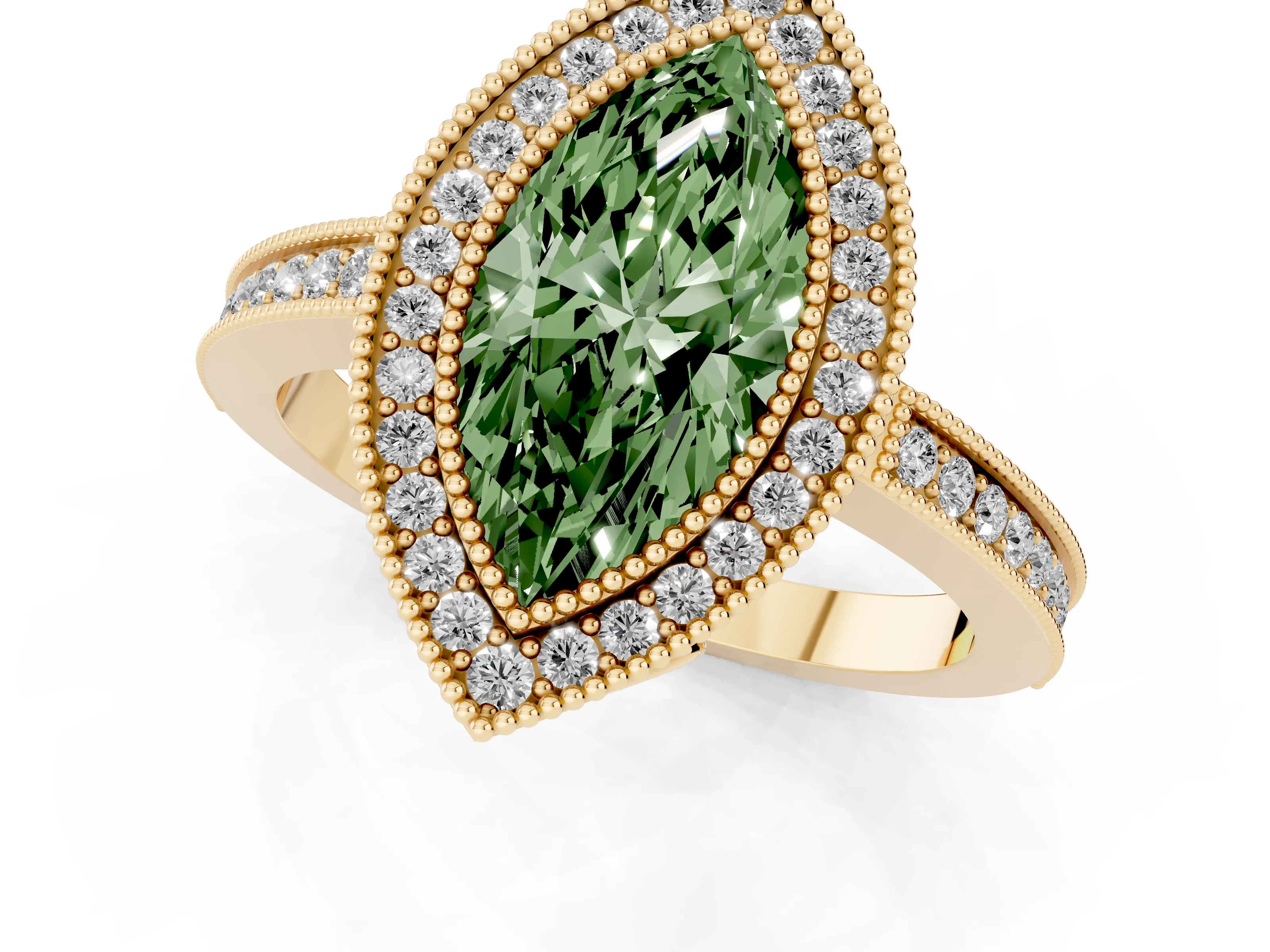 Fancy Green Marquise Cut Diamond Halo Ring Set in Yellow gold with Pavé Band and Milgrain-Edged Prongs