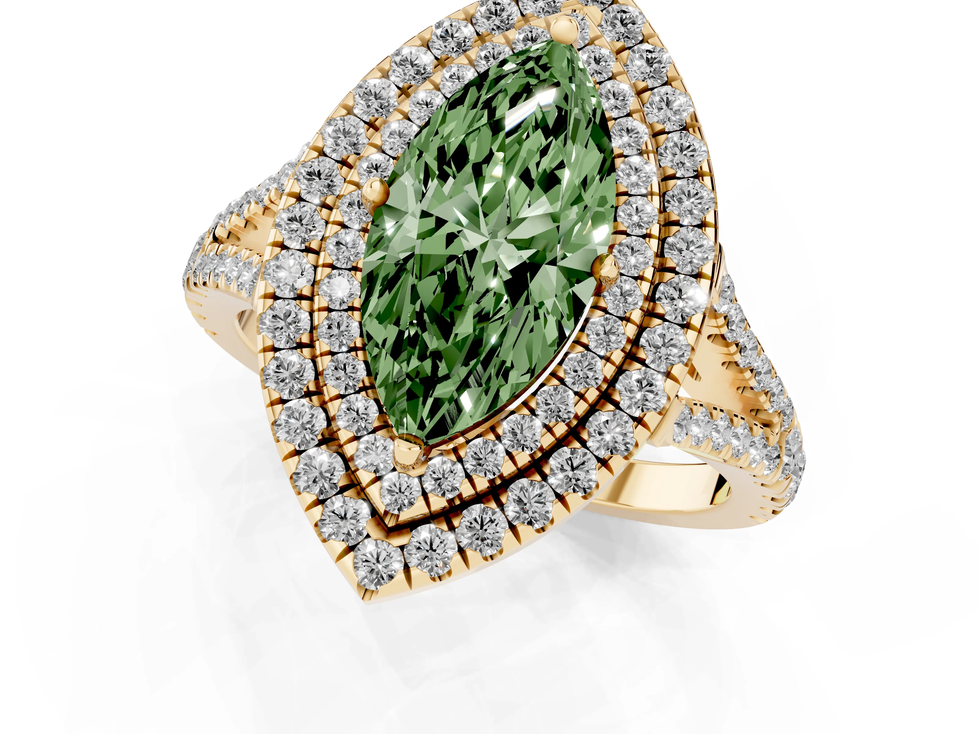 Fancy Green Marquise Cut Diamond Double Halo Ring Set in Yellow gold with Pavé Band