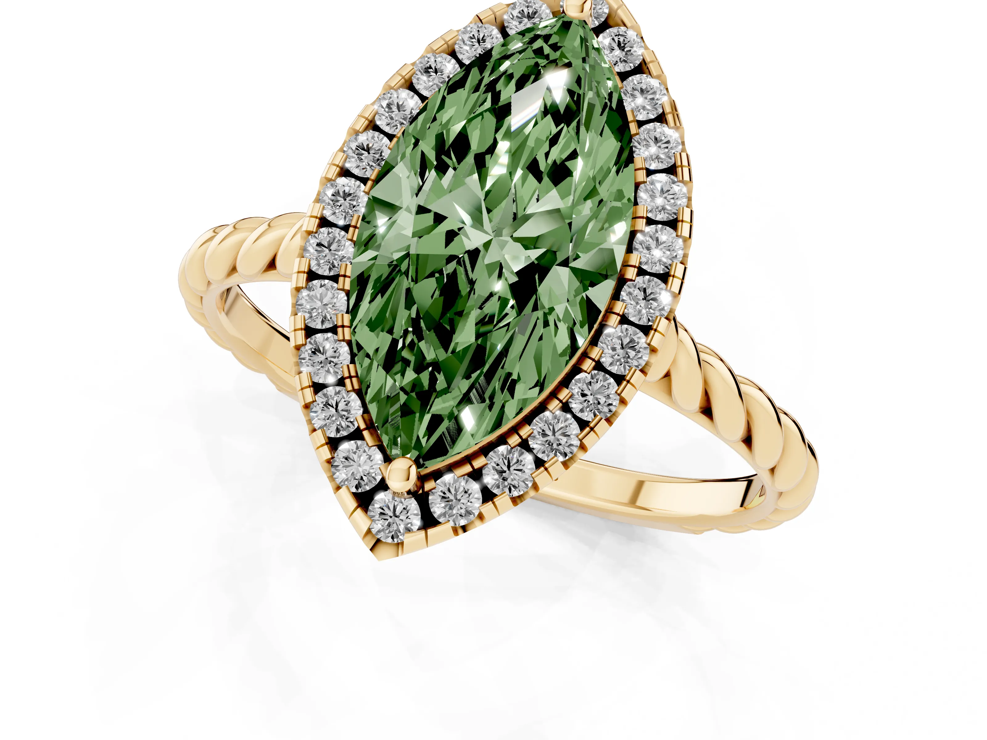 Fancy Green Marquise Cut Diamond Halo Ring Set in Yellow gold with Plain Twisted Band