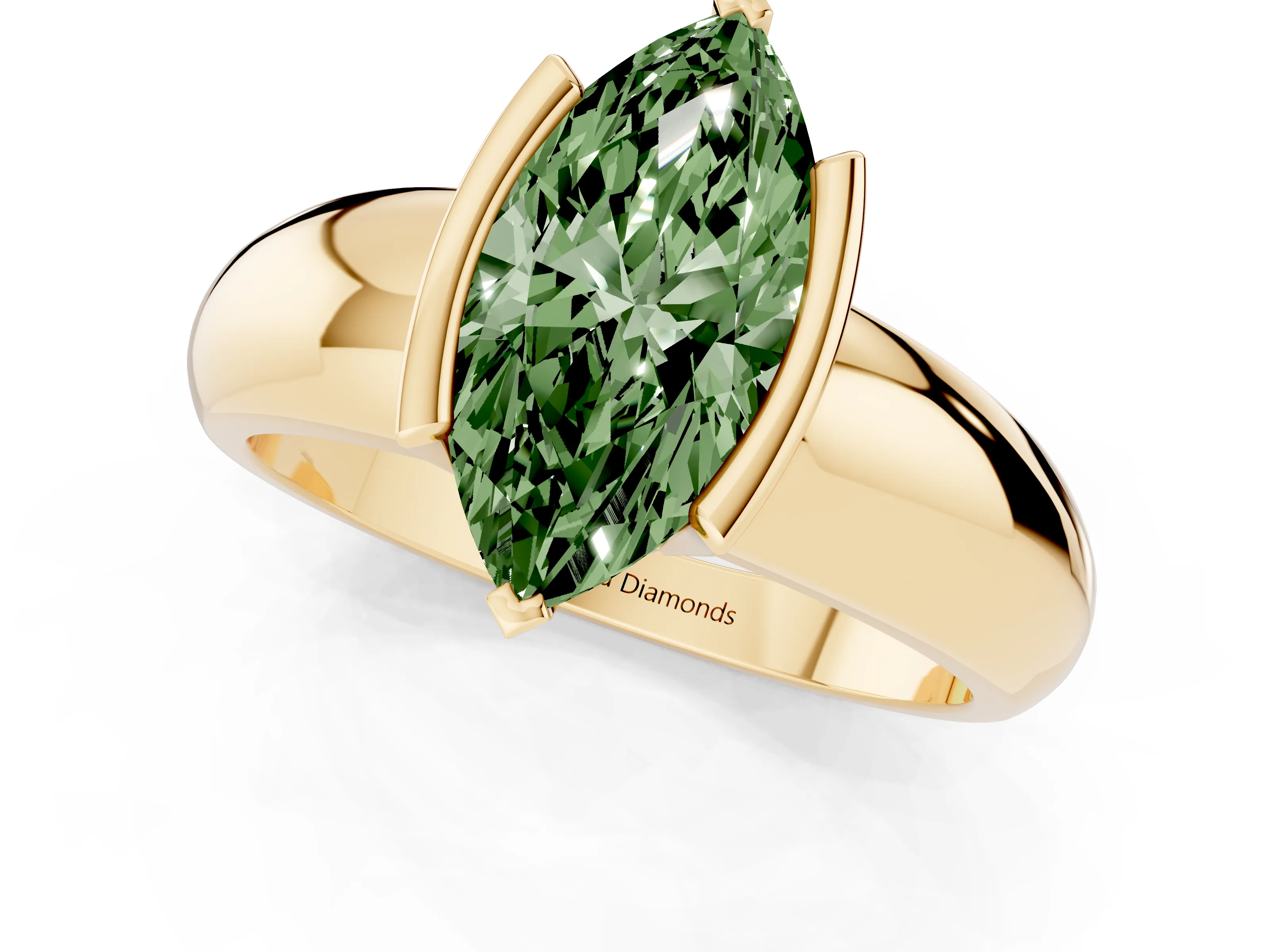 Fancy Green Marquise Cut Diamond Solitaire Tension Set Ring Set in Yellow gold with Wide Band