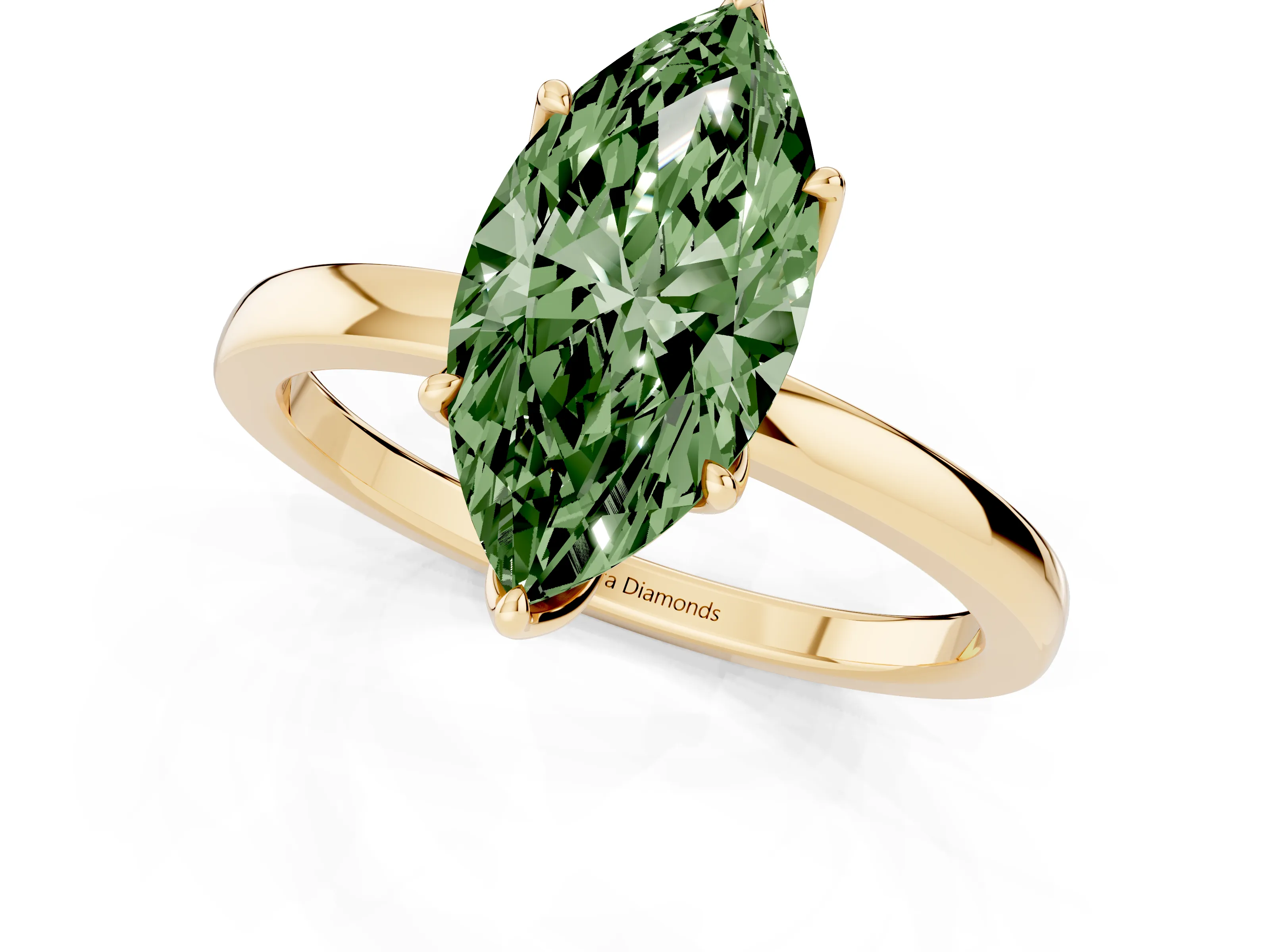 Fancy Green Marquise Cut Diamond Solitaire Ring Set in Yellow gold with Prong Setting and Thin Polished Band