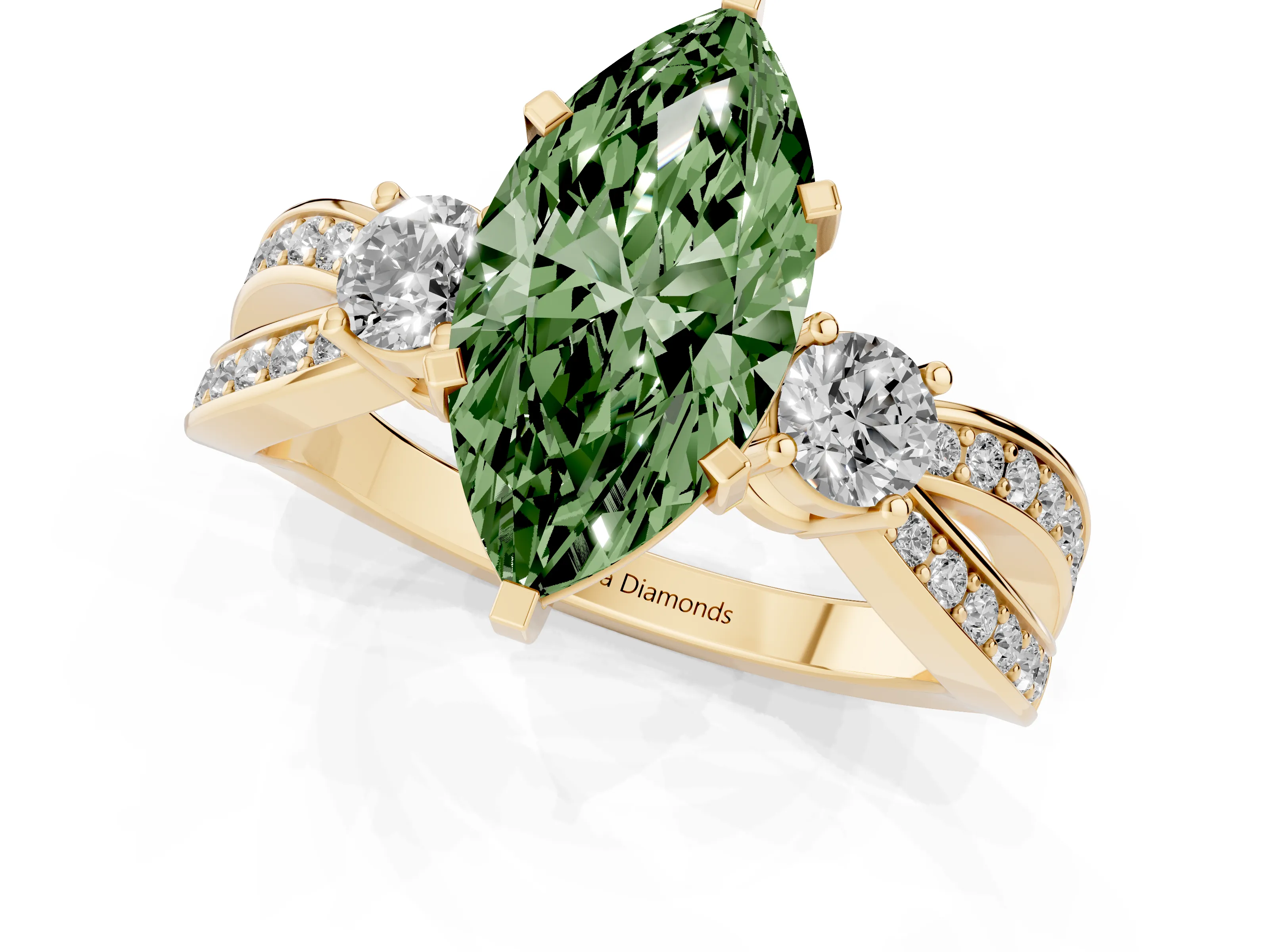 Fancy Green Three-Stone Marquise Cut Diamond Twist Band Ring Set in Yellow gold with Pavé Accents and Prong Setting