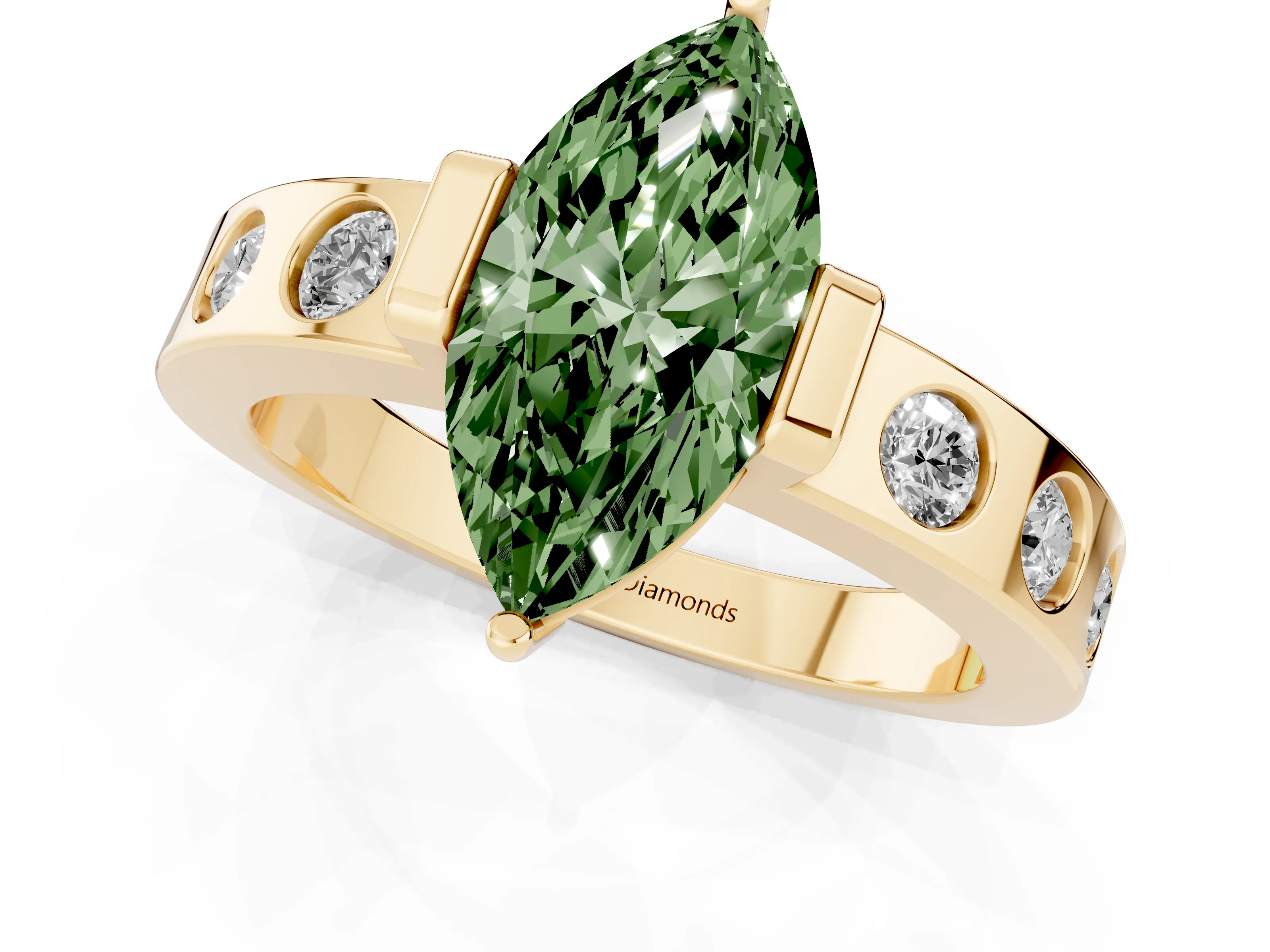 Fancy Green Marquise Cut Diamond Channel-Set Band Ring Set in Yellow gold with Bezel Prong Setting