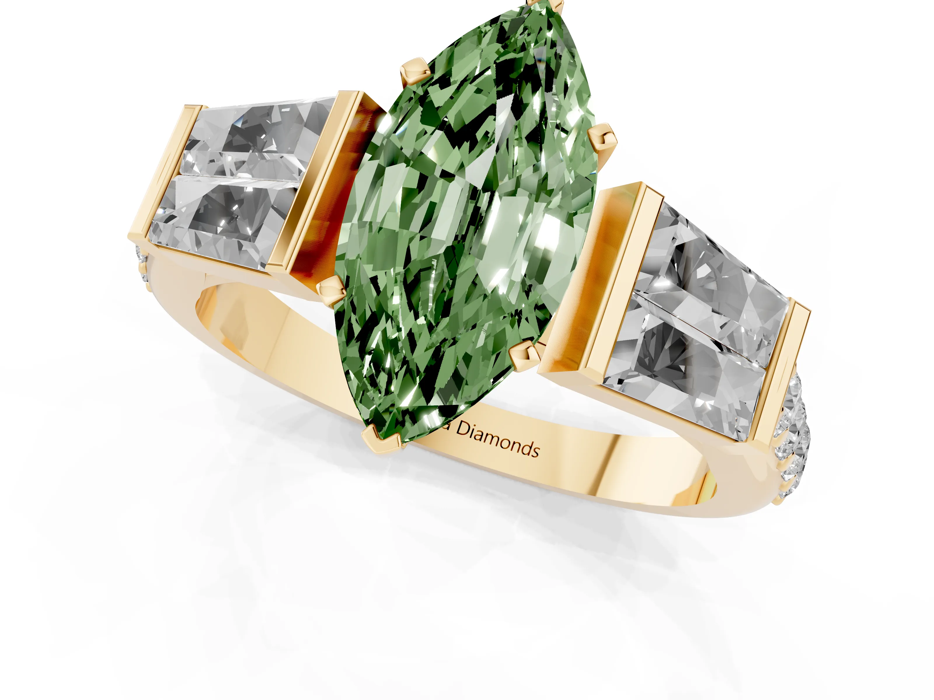 Fancy Green Marquise Cut Diamond Engagement Ring Set in Yellow gold with Baguette Side Stones and Channel Set Band