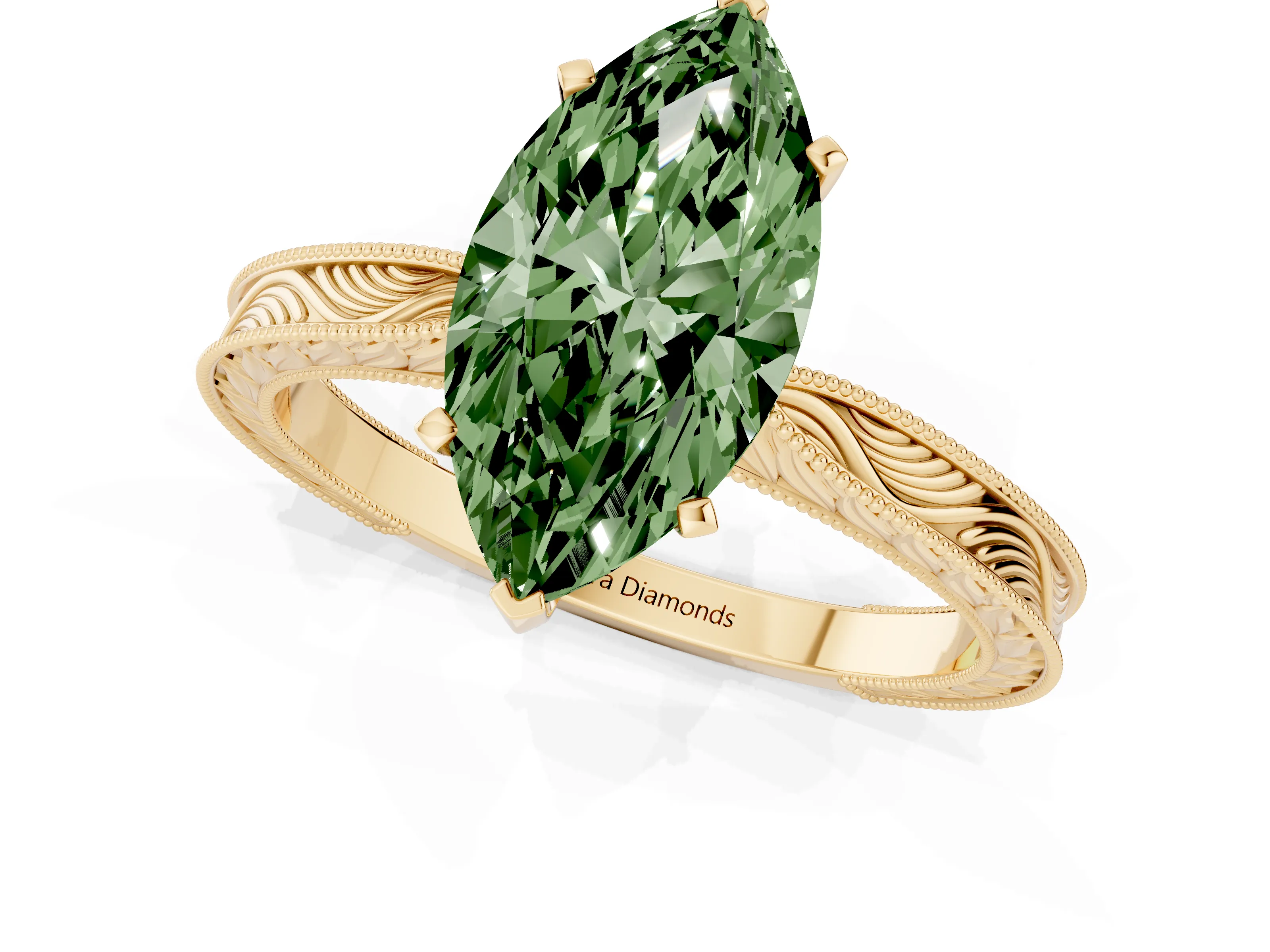 Fancy Green Marquise Cut Diamond Solitaire Milgrain Engraved Band Set in Yellow gold with Prong Setting