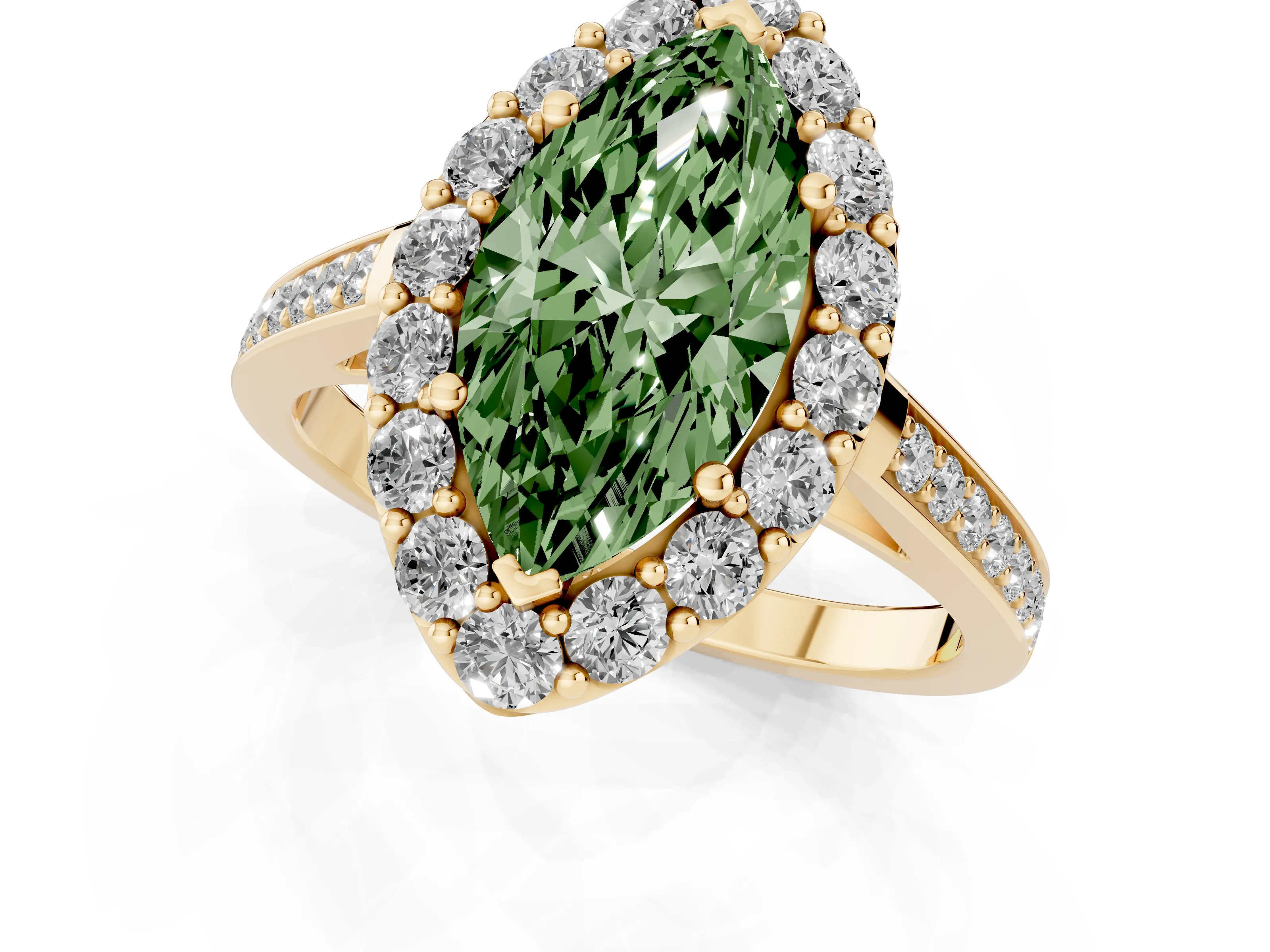 Fancy Green Marquise Cut Diamond Floral Halo Ring Set in Yellow gold with Pavé Band and Prong Setting
