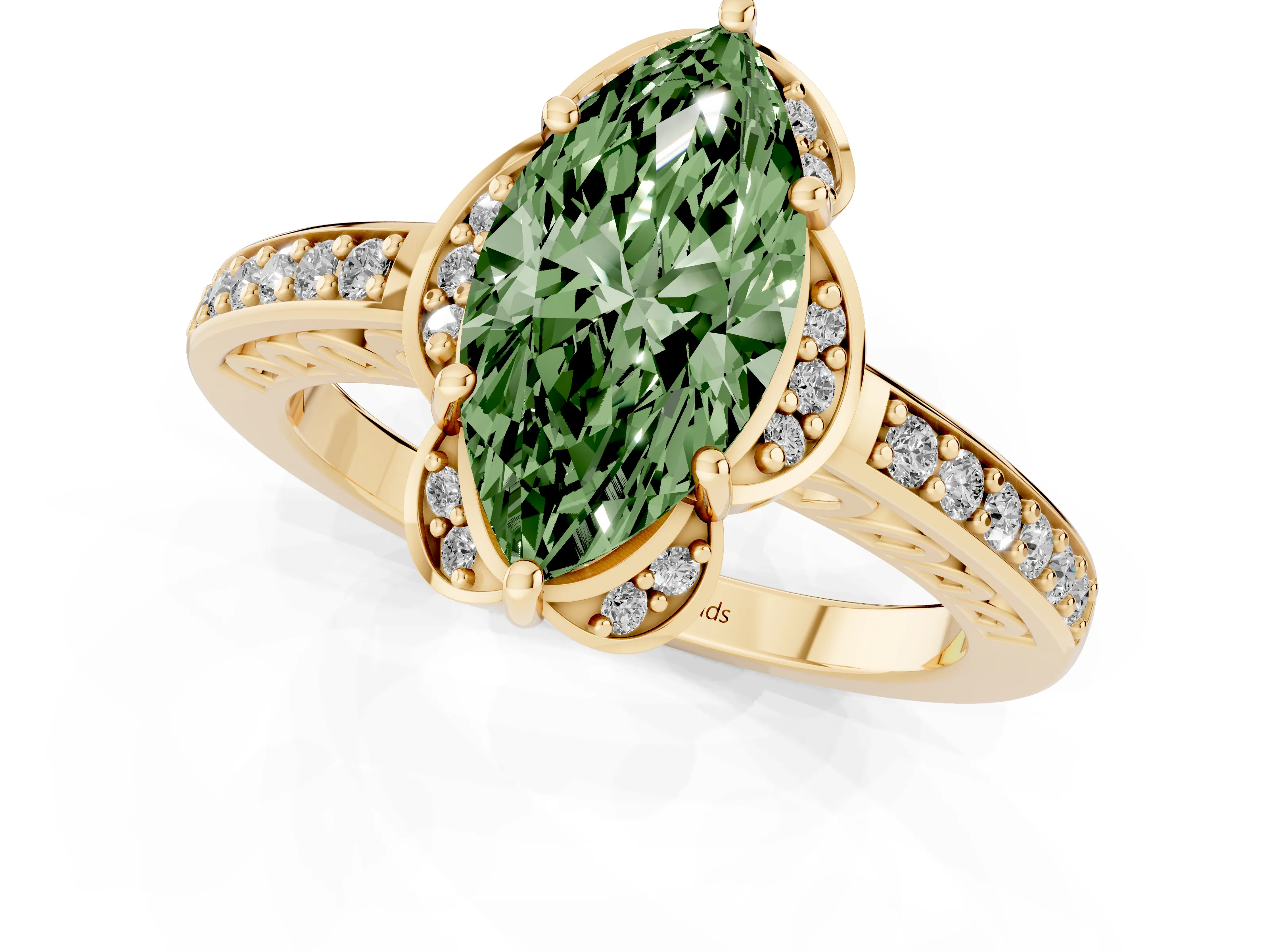 Fancy Green Marquise Cut Diamond Halo Ring Set in Yellow gold with Channel Set Band and Prong Setting