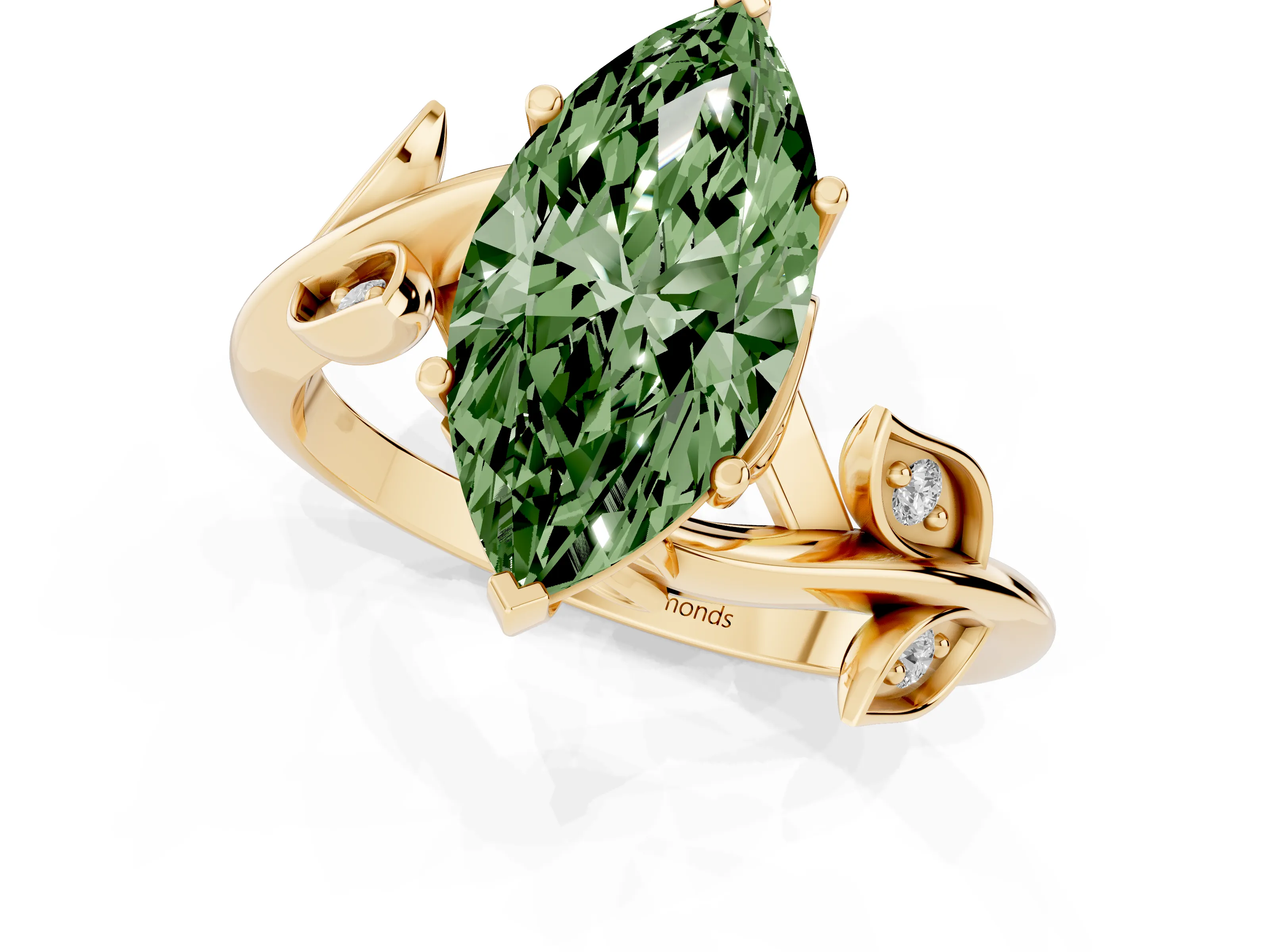 Fancy Green Marquise Cut Diamond Solitaire Twist Engagement Ring Set in Yellow gold with Pavé Leaf Accents