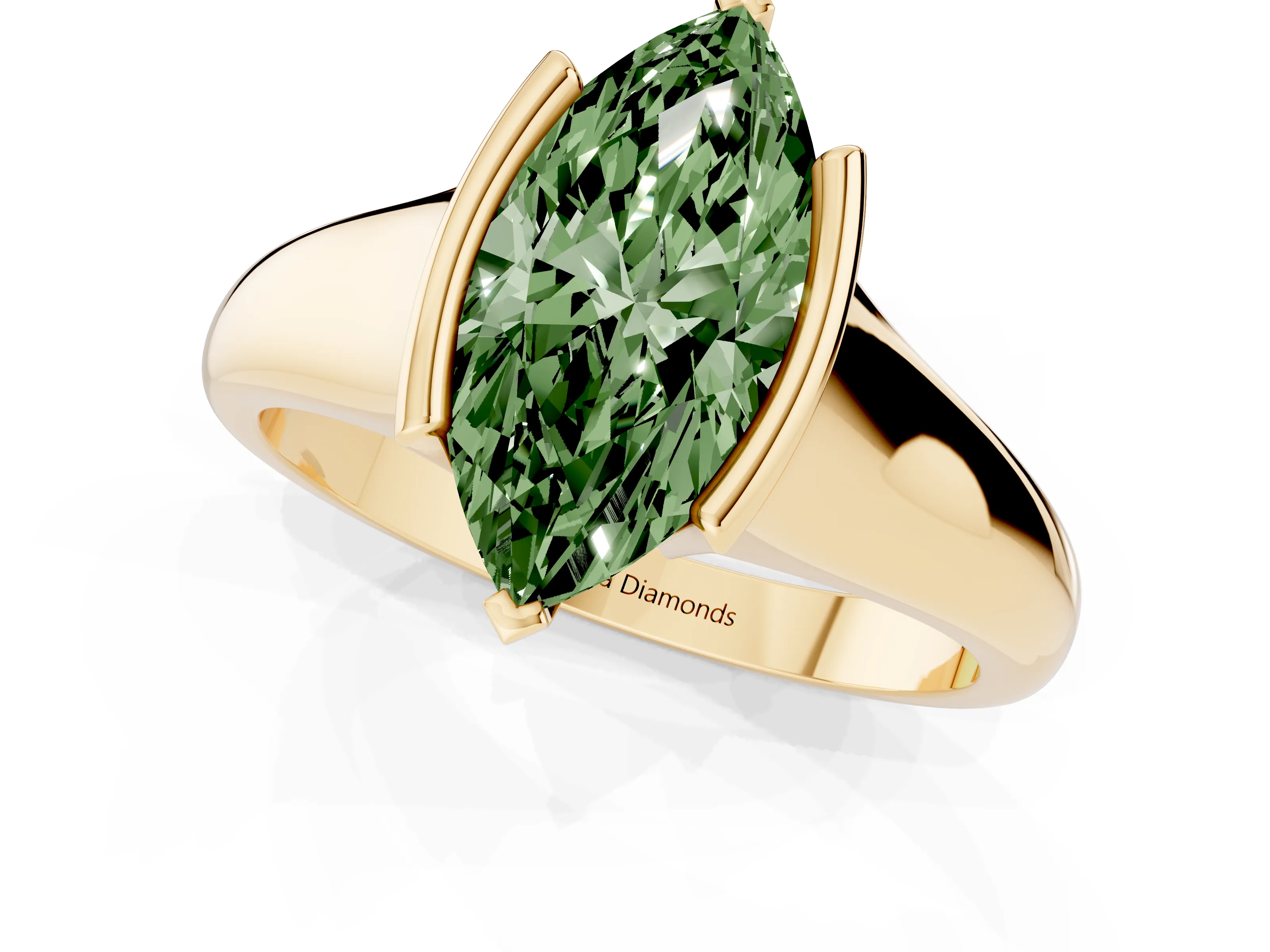 Fancy Green Marquise Cut Diamond Solitaire Tension Set Ring Set in Yellow gold with Split Shank Band