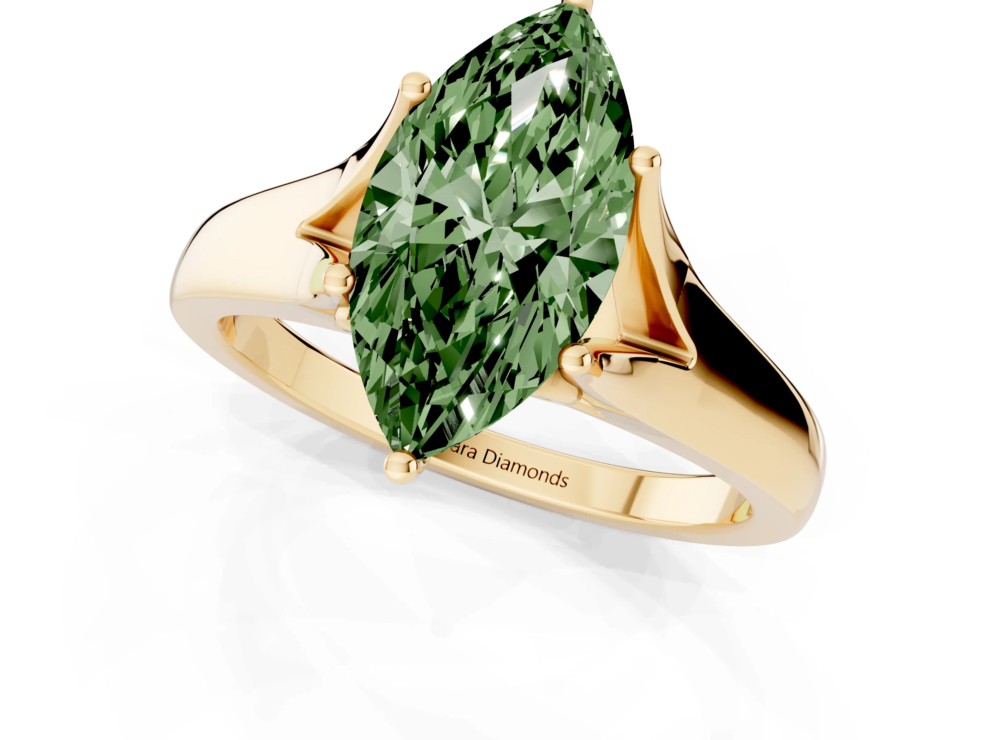 Fancy Green Marquise Cut Diamond Solitaire Ring Set in Yellow gold with Arched Cathedral Band and Prong Setting