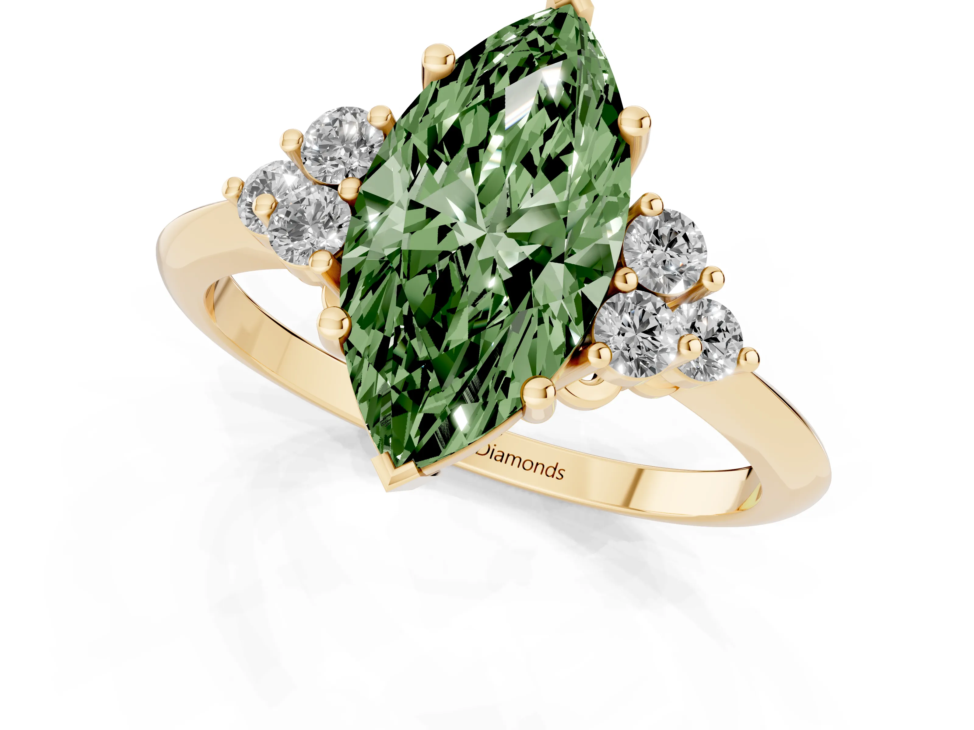 Fancy Green Marquise Cut Diamond Cluster Ring Set in Yellow gold with Plain Band and Prong Setting