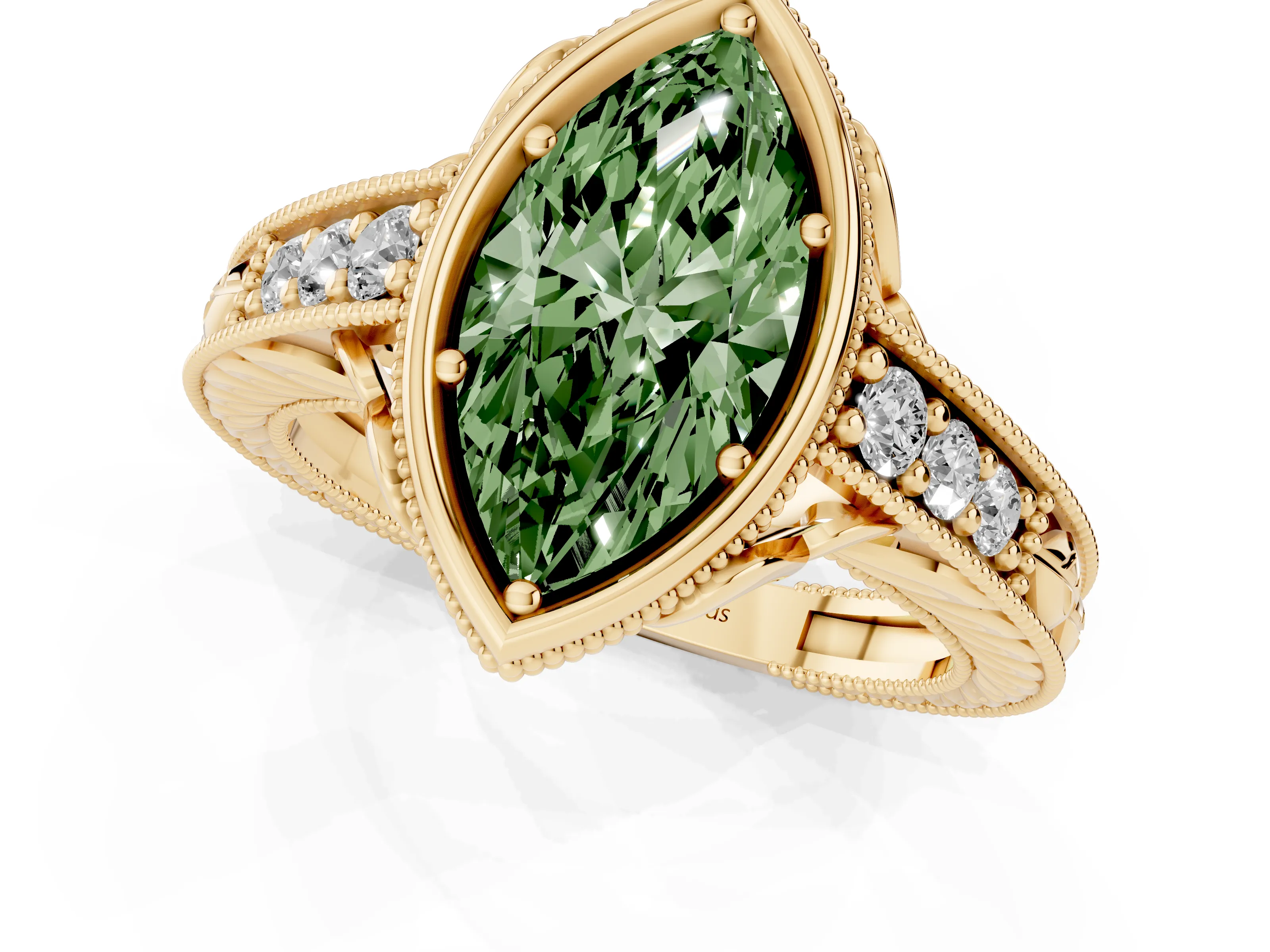 Fancy Green Bezel Set Marquise Cut Diamond Milgrain Pavé Engagement Ring Set in Yellow gold