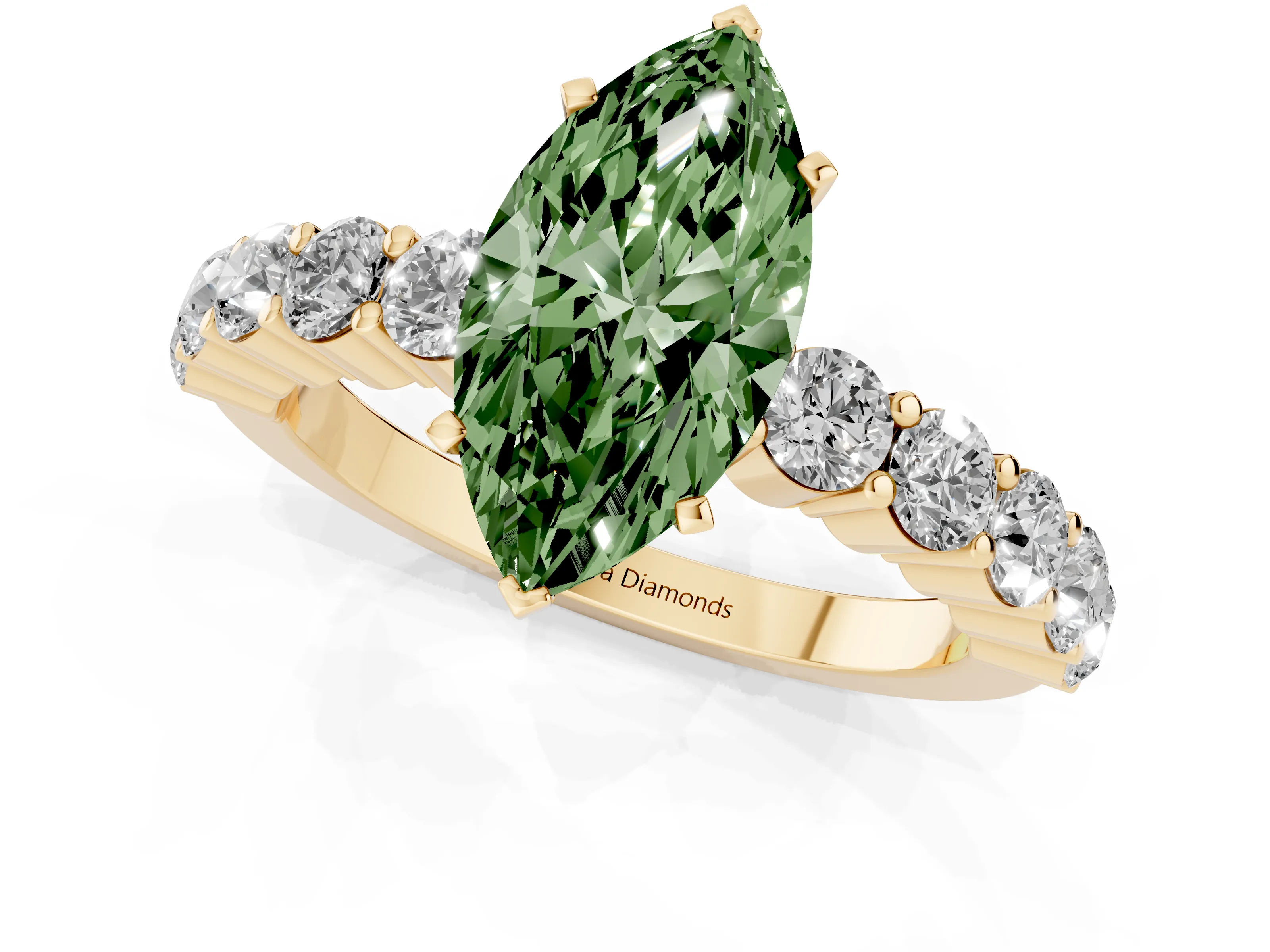 Fancy Green Marquise Cut Diamond Solitaire Ring Set in Yellow gold with Shared Prong Round Side Stones