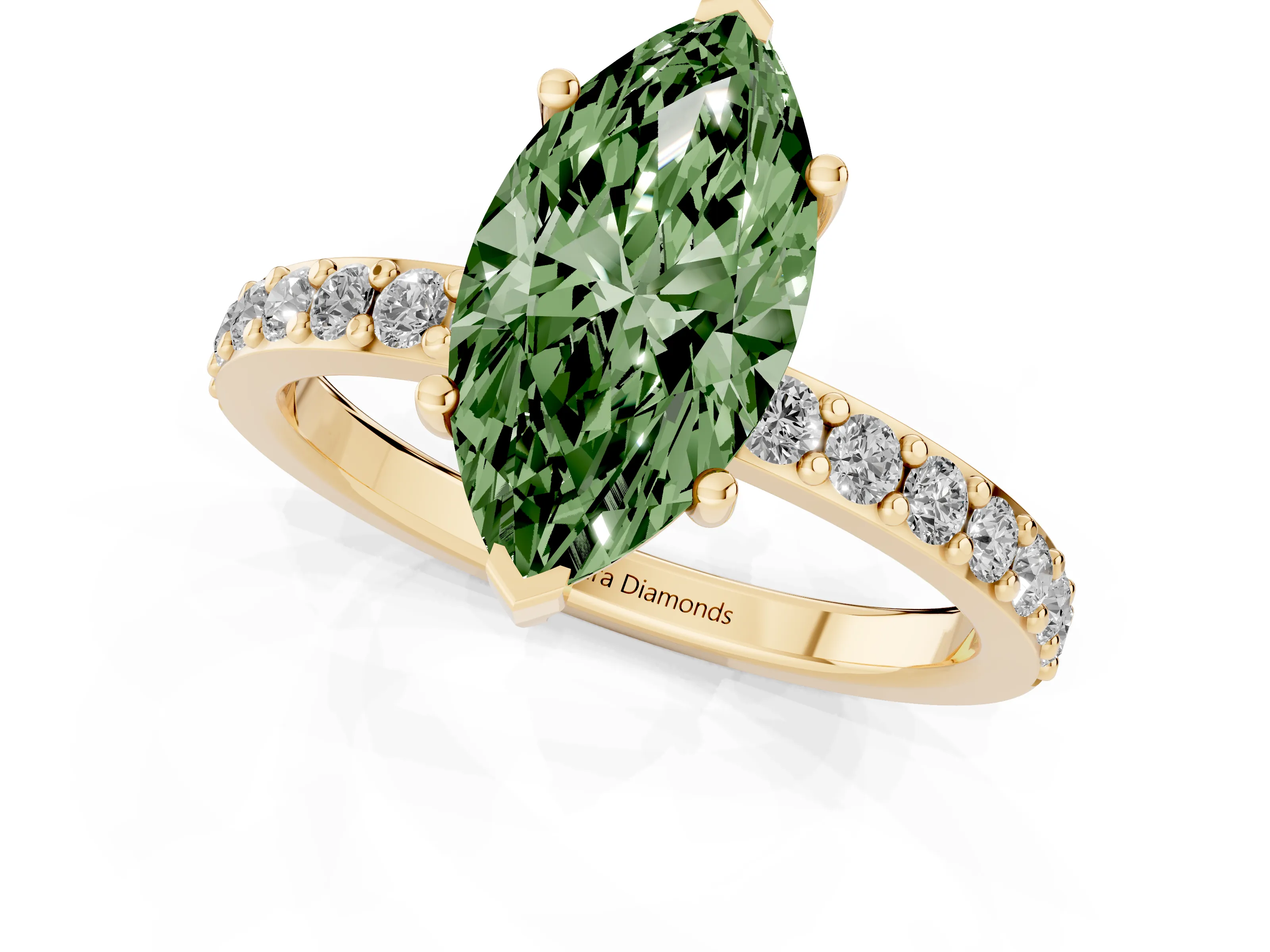 Fancy Green Marquise Cut Diamond Solitaire Set in Yellow gold with Round Pavé Band and Prong Setting