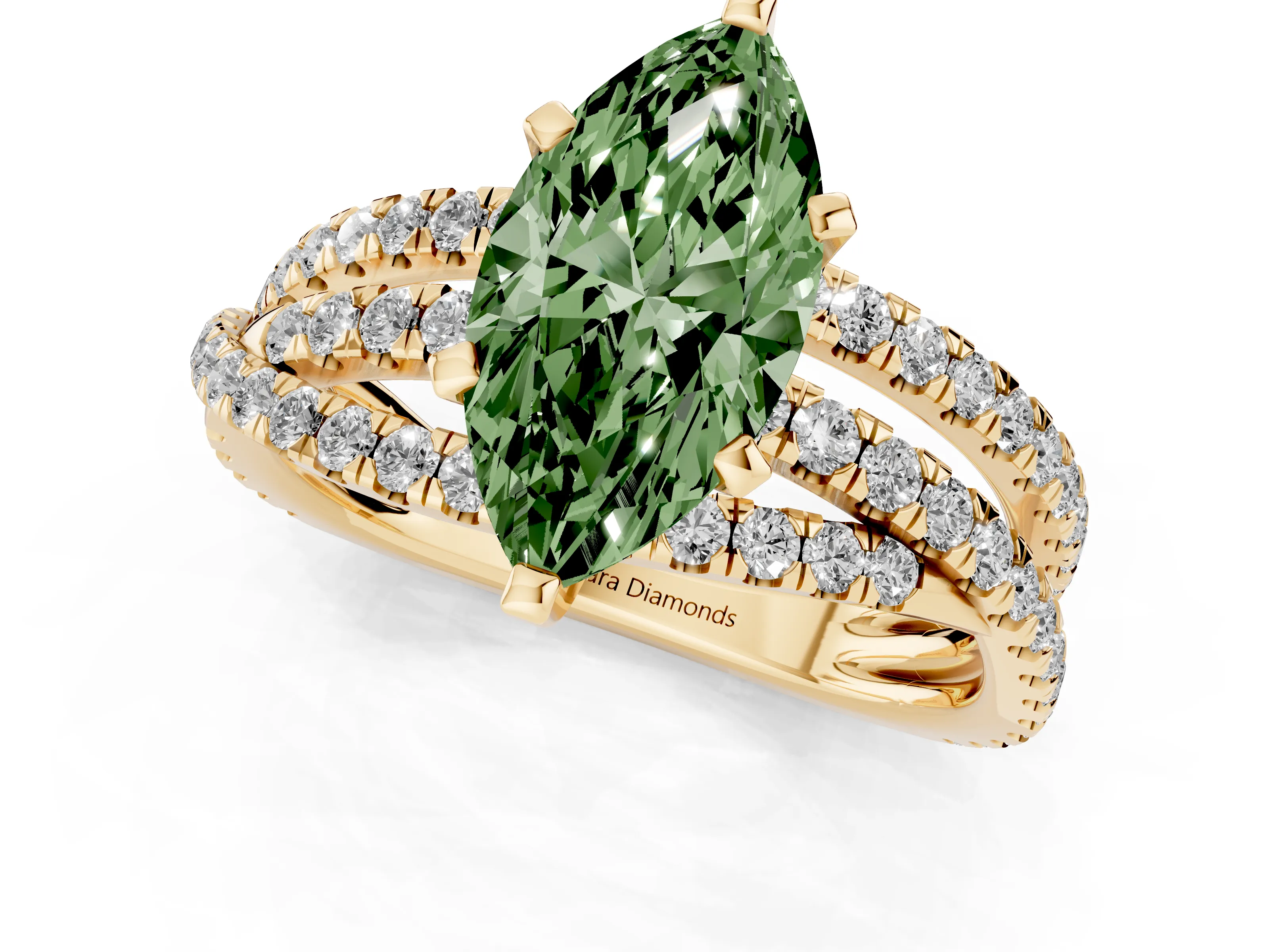 Fancy Green Marquise Cut Diamond Solitaire Twist Band Ring Set in Yellow gold with Pavé Setting and Prong Head