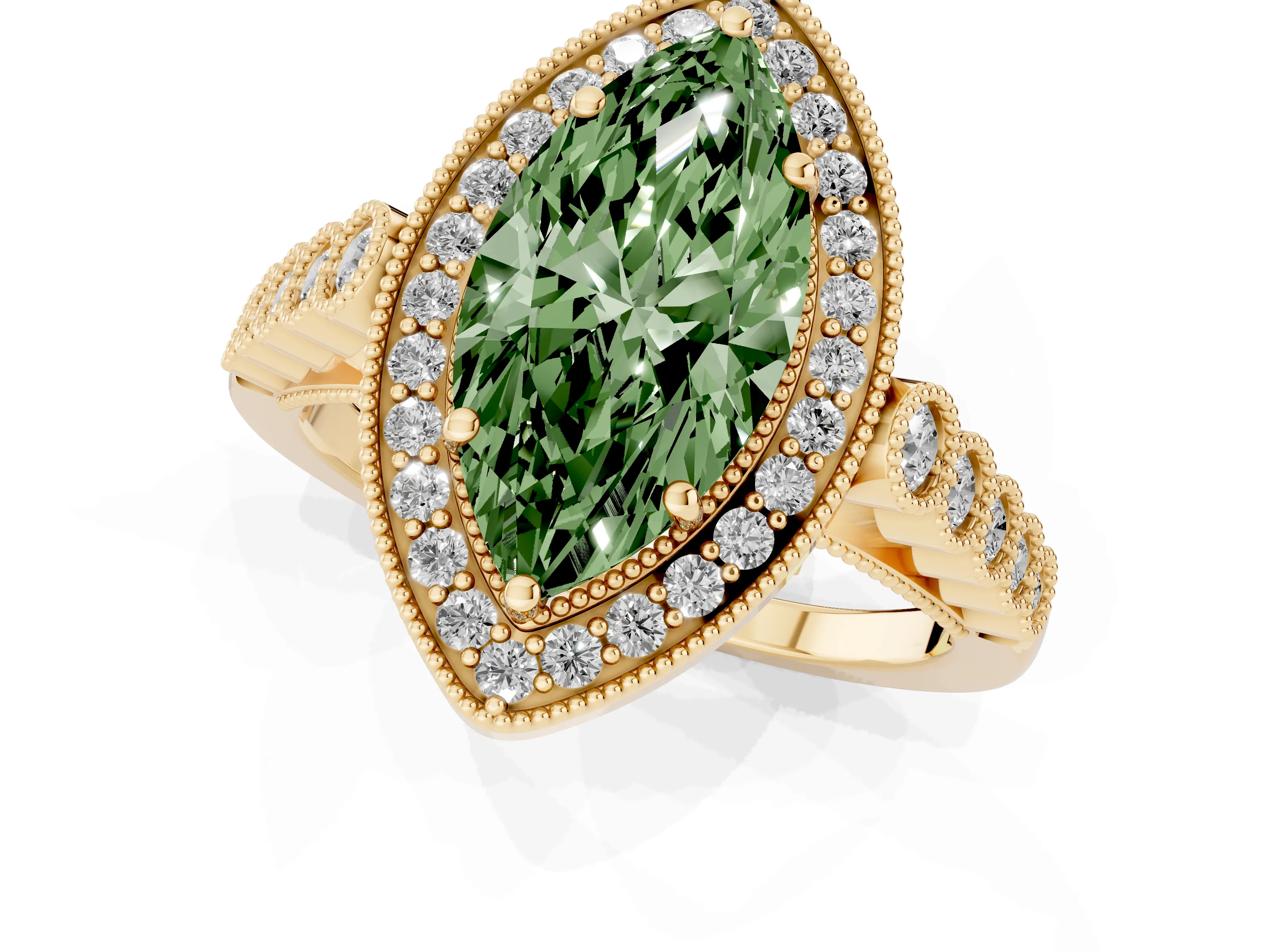 Fancy Green Marquise Cut Diamond Milgrain Halo Solitaire Ring Set in Yellow gold with Bezel Set Side Stones and Pavé Band