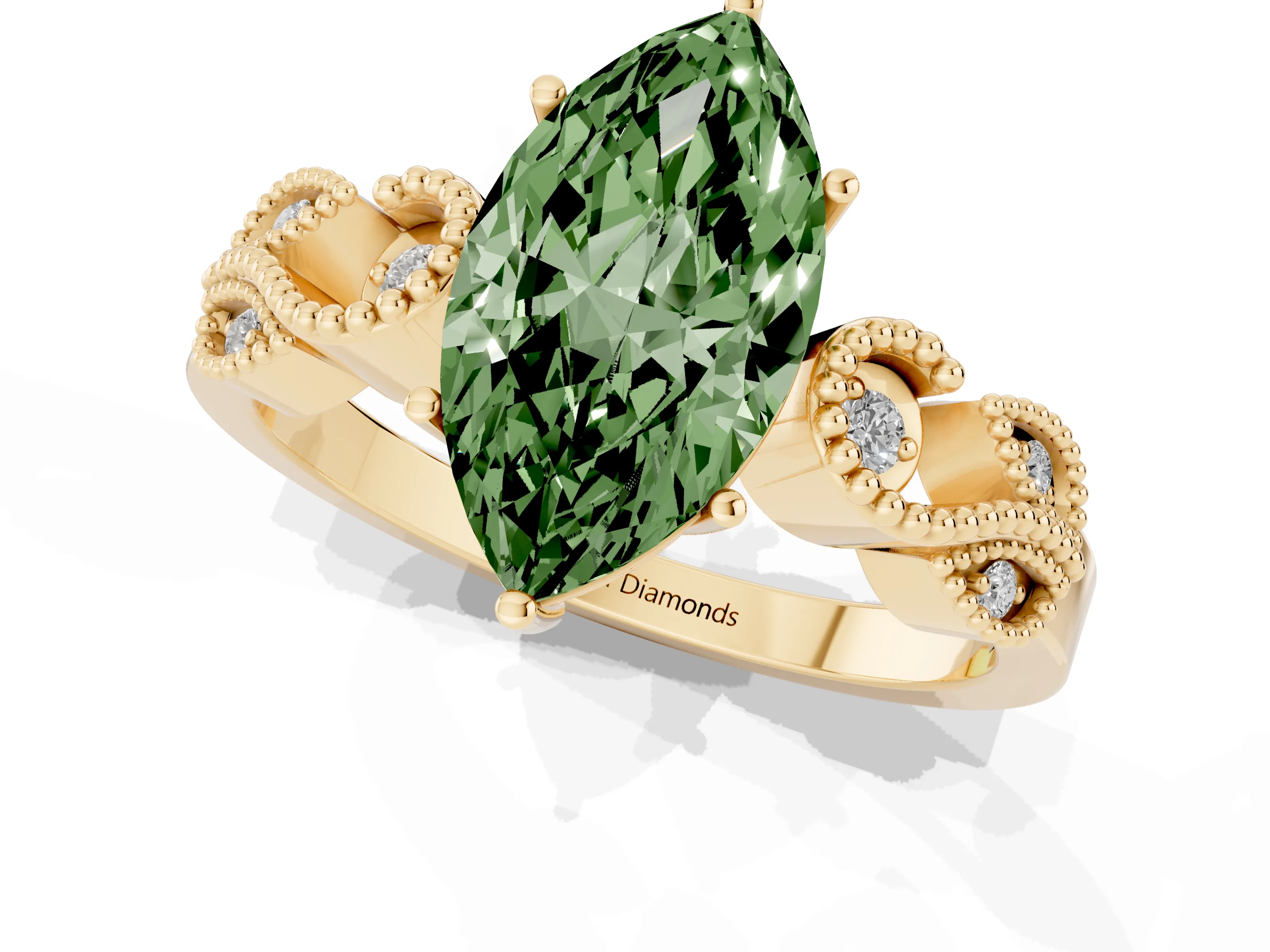Fancy Green Marquise Cut Diamond Milgrain Leaf Band Solitaire Ring Set in Yellow gold with Accent Stones and Prong Setting